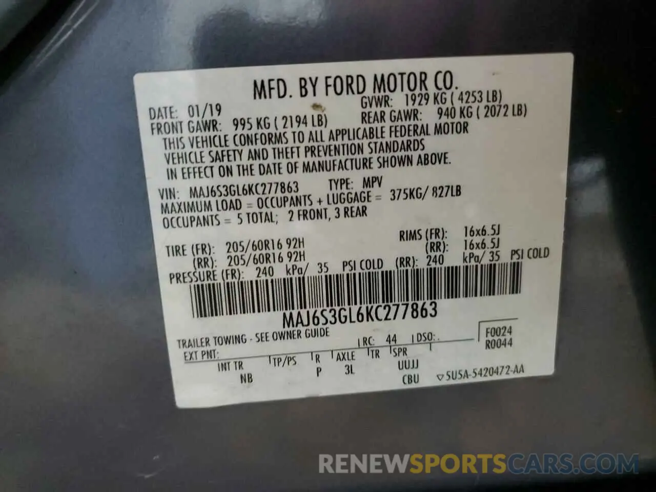14 Фотография поврежденного автомобиля MAJ6S3GL6KC277863 FORD ECOSPORT 2019