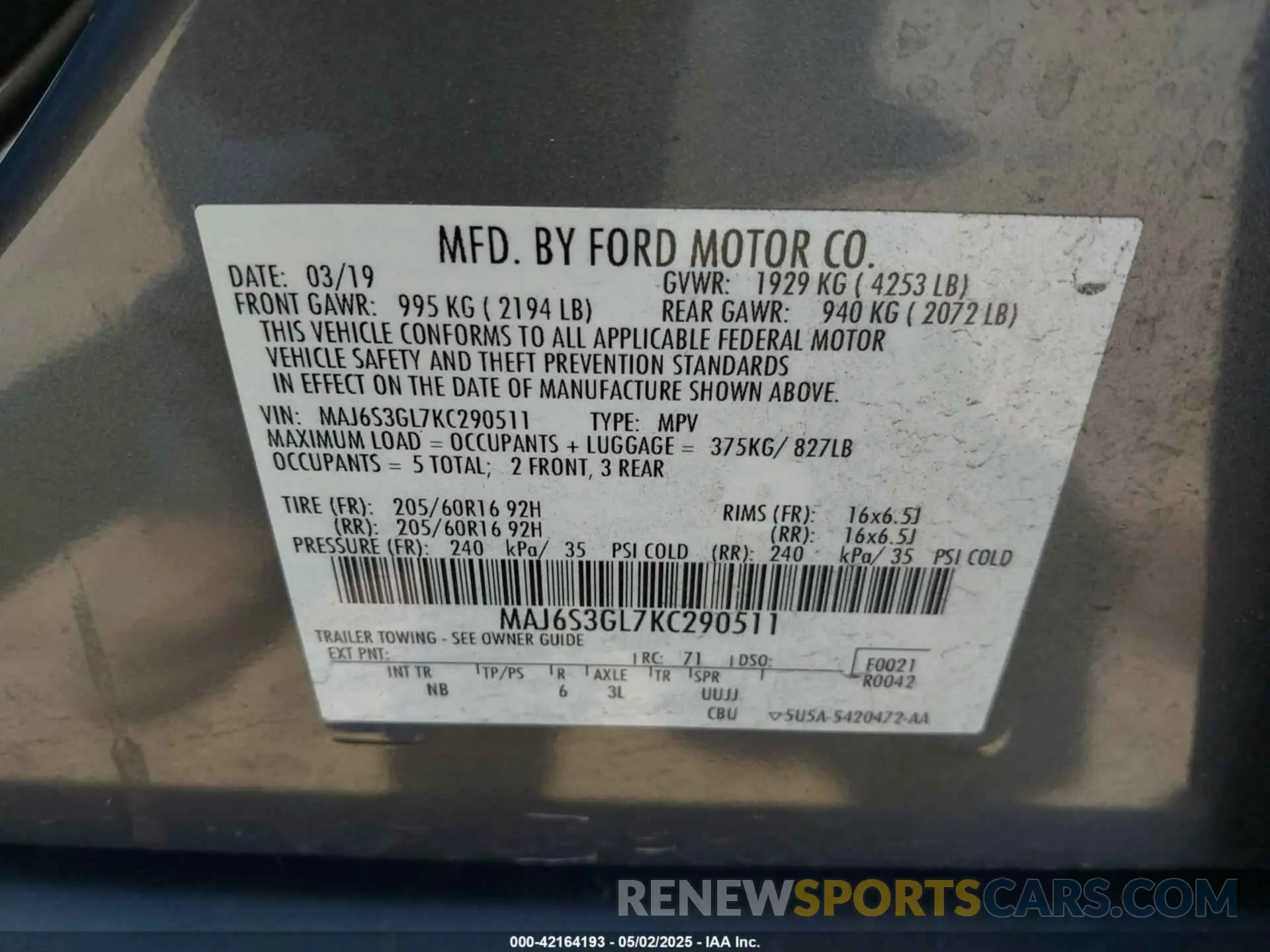 9 Photograph of a damaged car MAJ6S3GL7KC290511 FORD ECOSPORT 2019