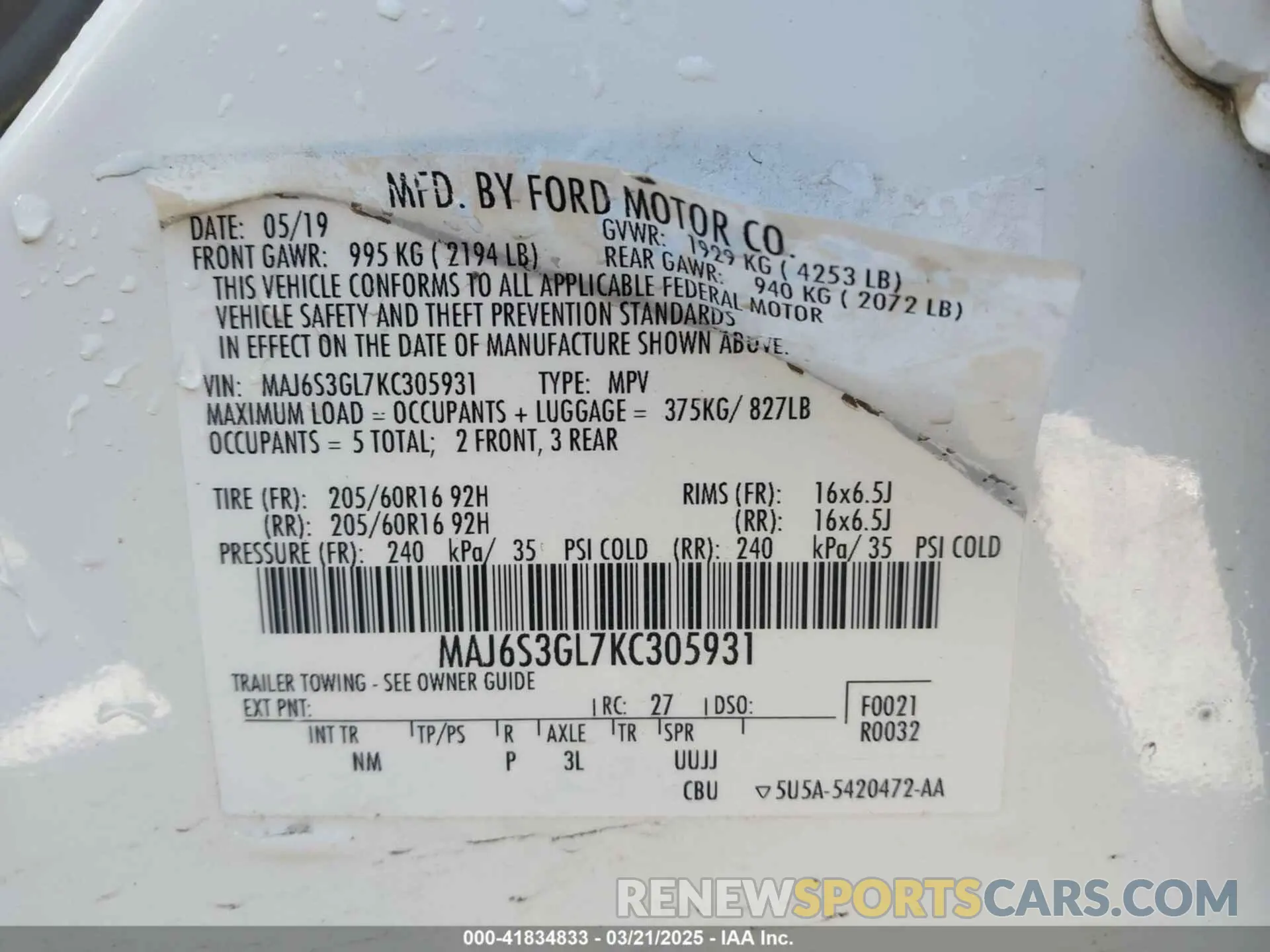 9 Photograph of a damaged car MAJ6S3GL7KC305931 FORD ECOSPORT 2019