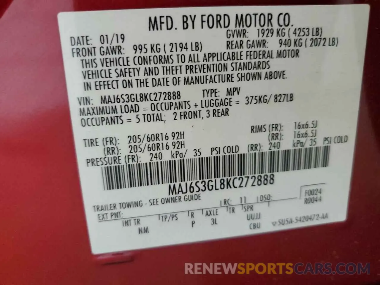 13 Photograph of a damaged car MAJ6S3GL8KC272888 FORD ECOSPORT 2019
