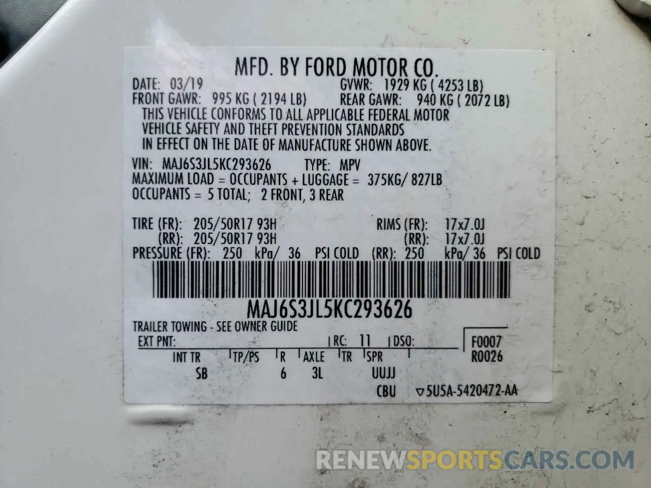 13 Фотография поврежденного автомобиля MAJ6S3JL5KC293626 FORD ECOSPORT 2019