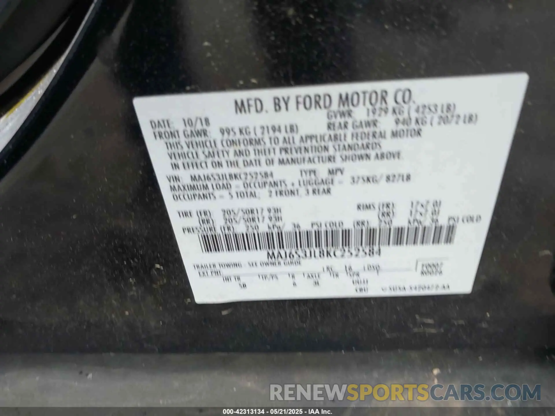 9 Фотография поврежденного автомобиля MAJ6S3JL8KC252584 FORD ECOSPORT 2019