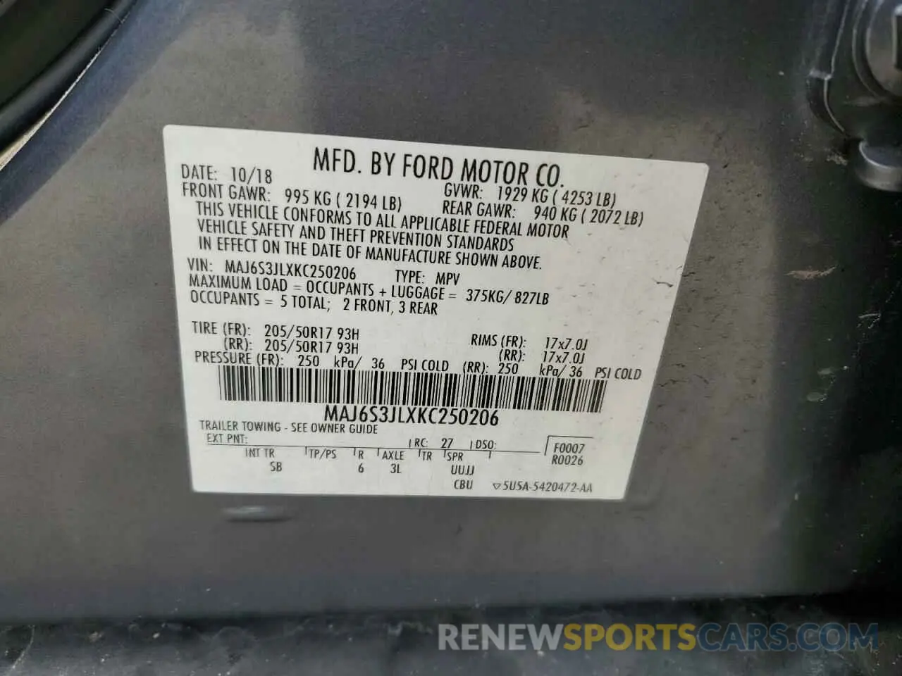 13 Photograph of a damaged car MAJ6S3JLXKC250206 FORD ECOSPORT 2019