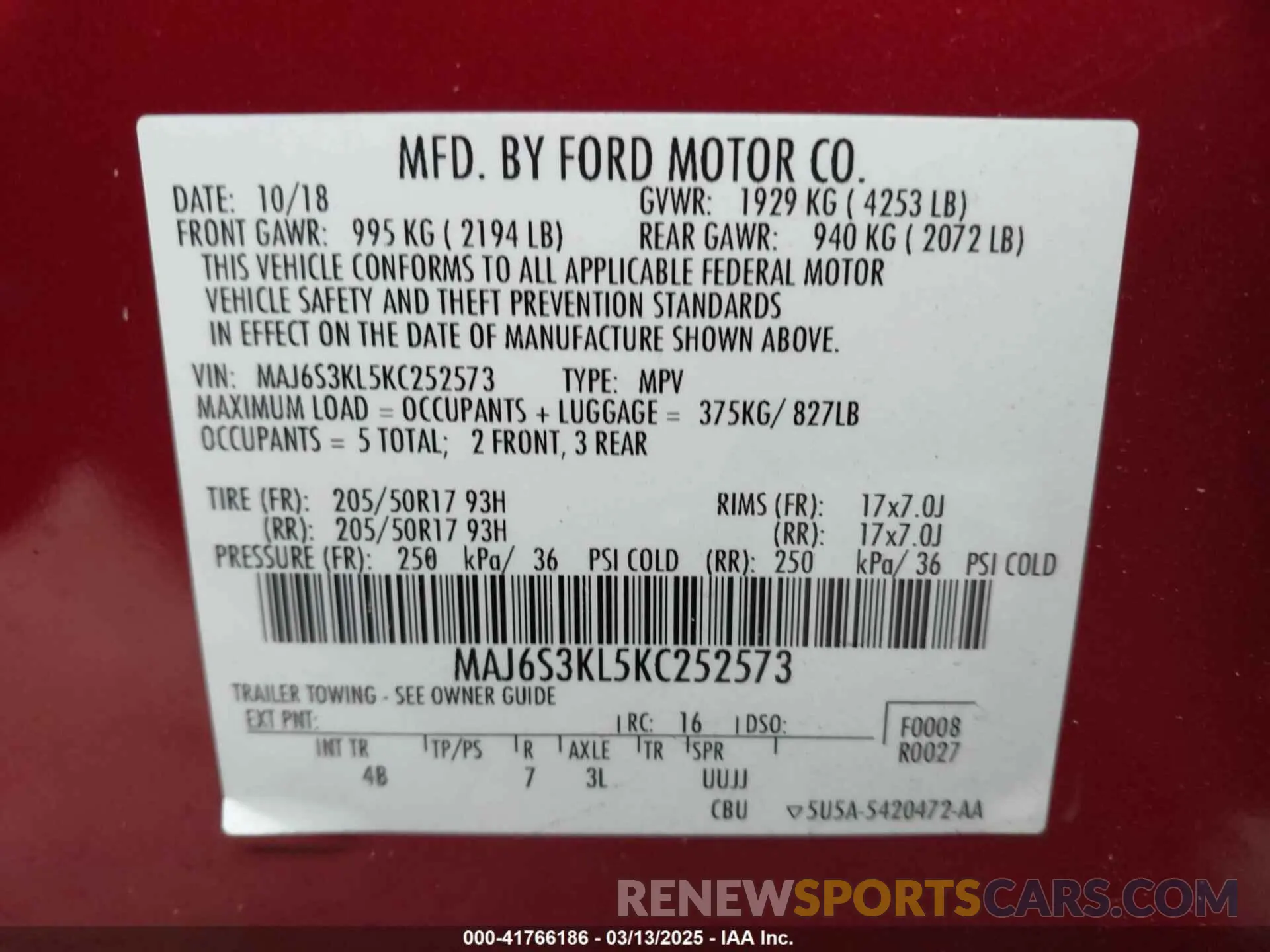 9 Фотография поврежденного автомобиля MAJ6S3KL5KC252573 FORD ECOSPORT 2019