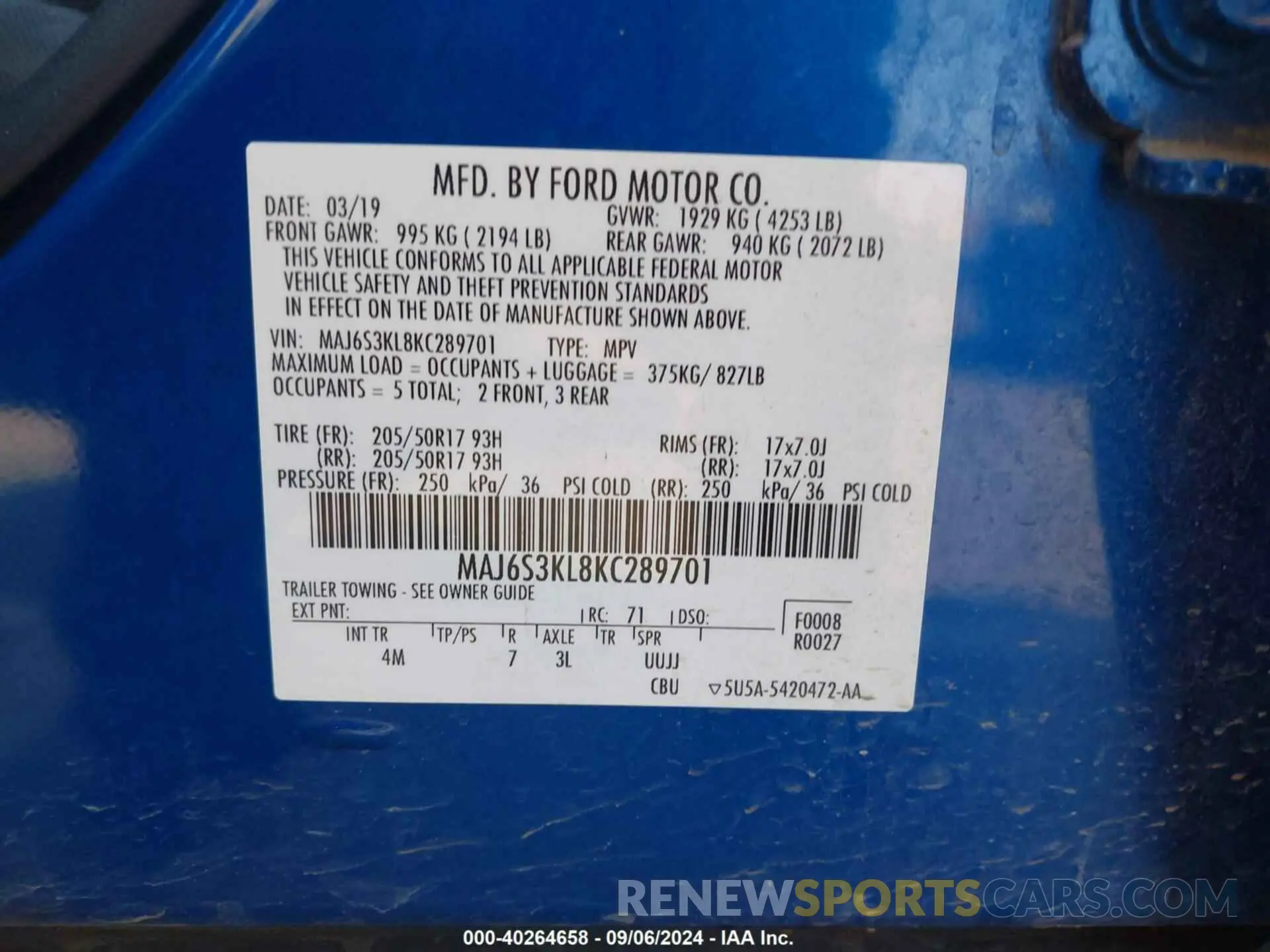 9 Photograph of a damaged car MAJ6S3KL8KC289701 FORD ECOSPORT 2019