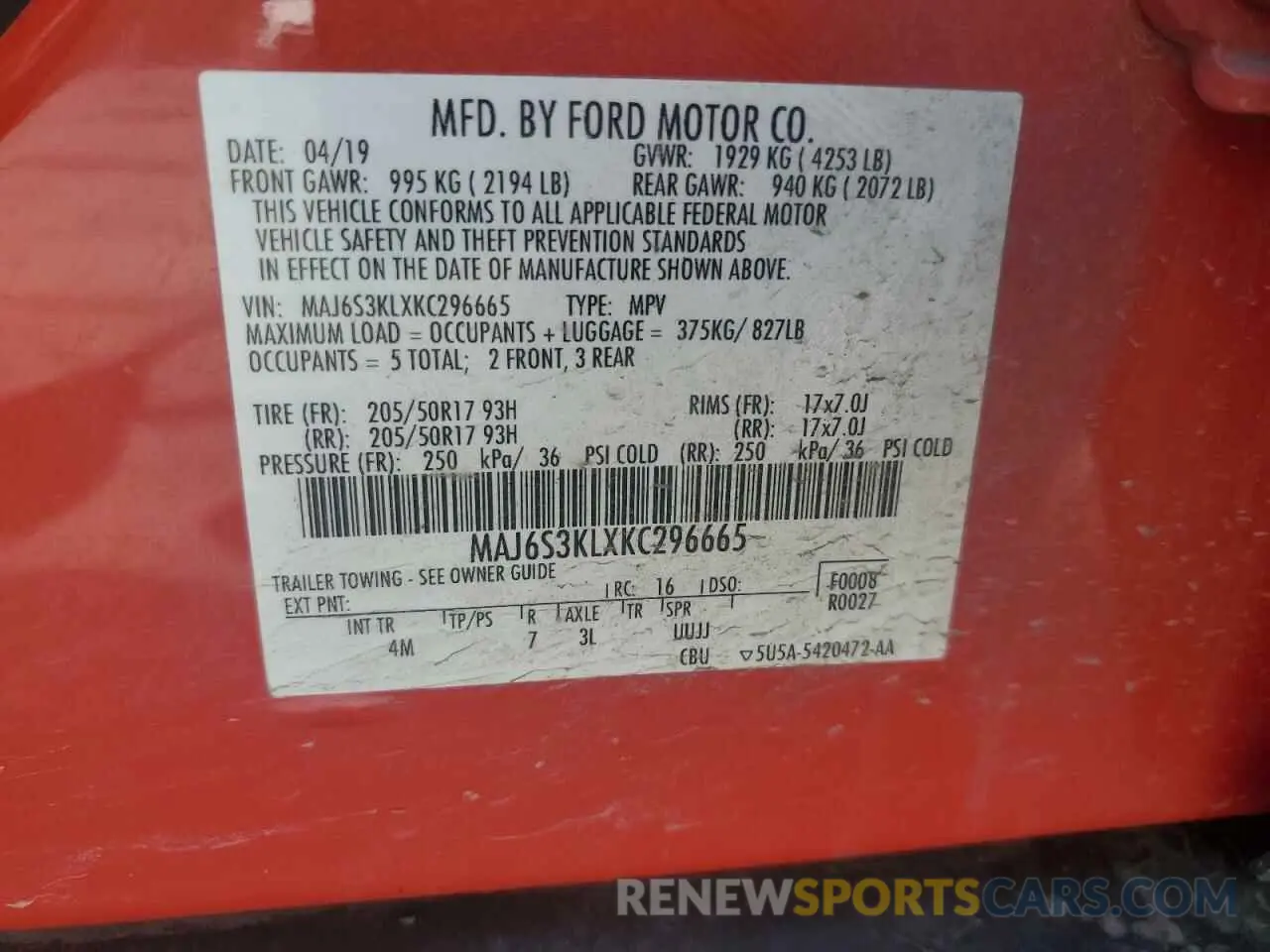 13 Фотография поврежденного автомобиля MAJ6S3KLXKC296665 FORD ECOSPORT 2019