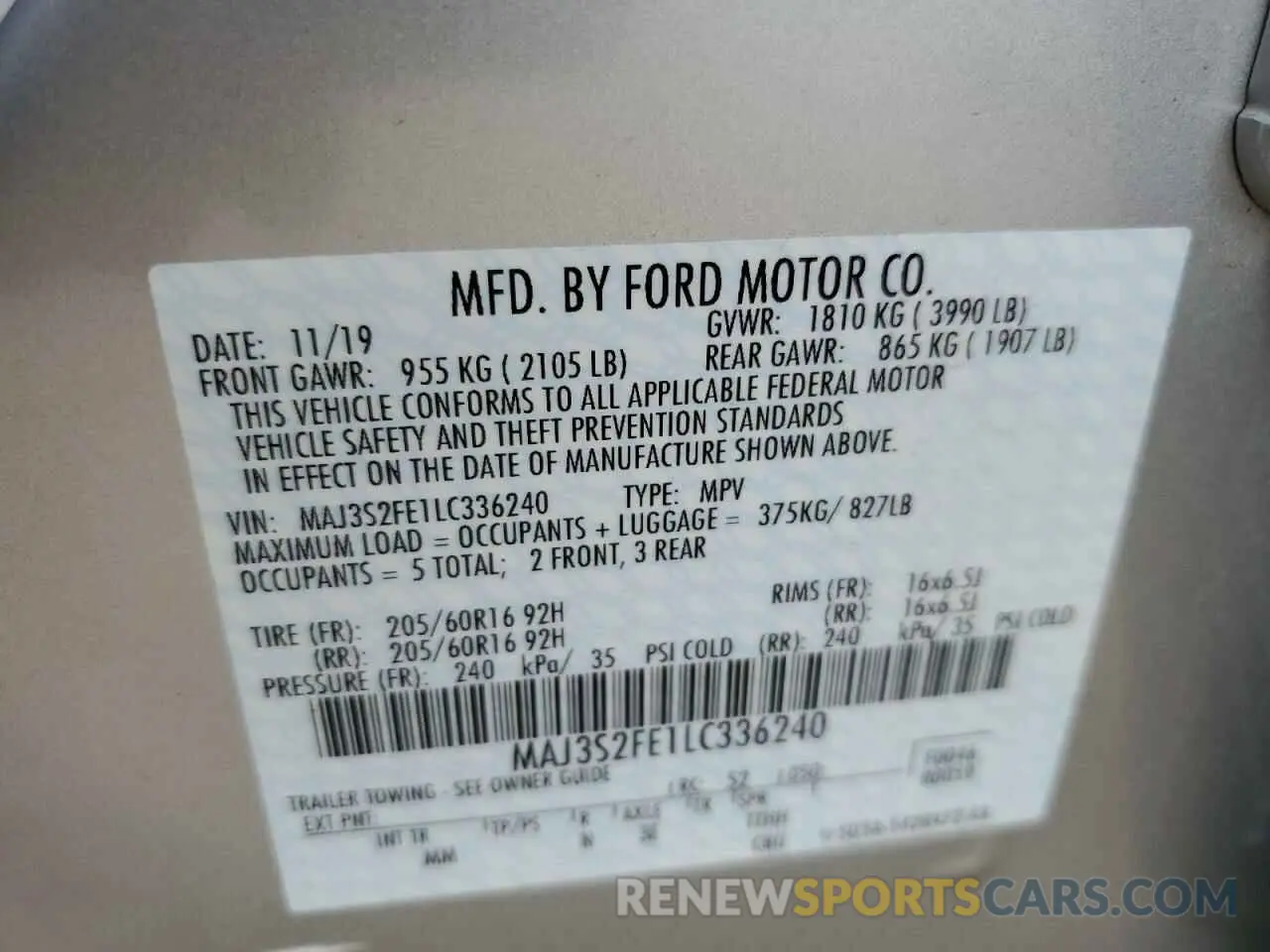 14 Photograph of a damaged car MAJ3S2FE1LC336240 FORD ECOSPORT 2020