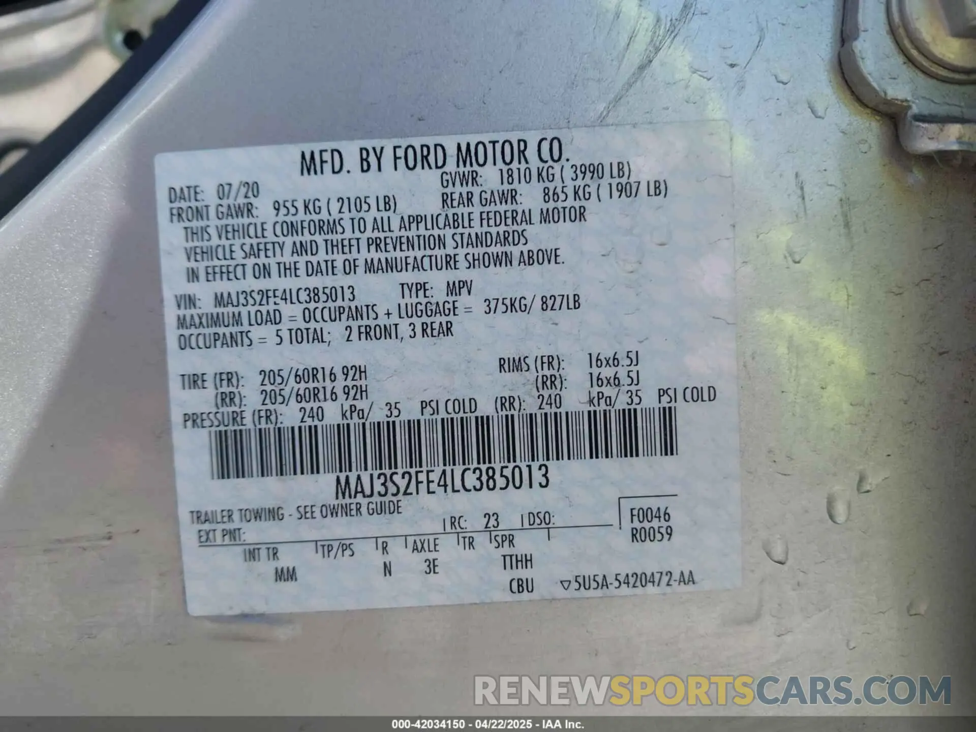 9 Фотография поврежденного автомобиля MAJ3S2FE4LC385013 FORD ECOSPORT 2020
