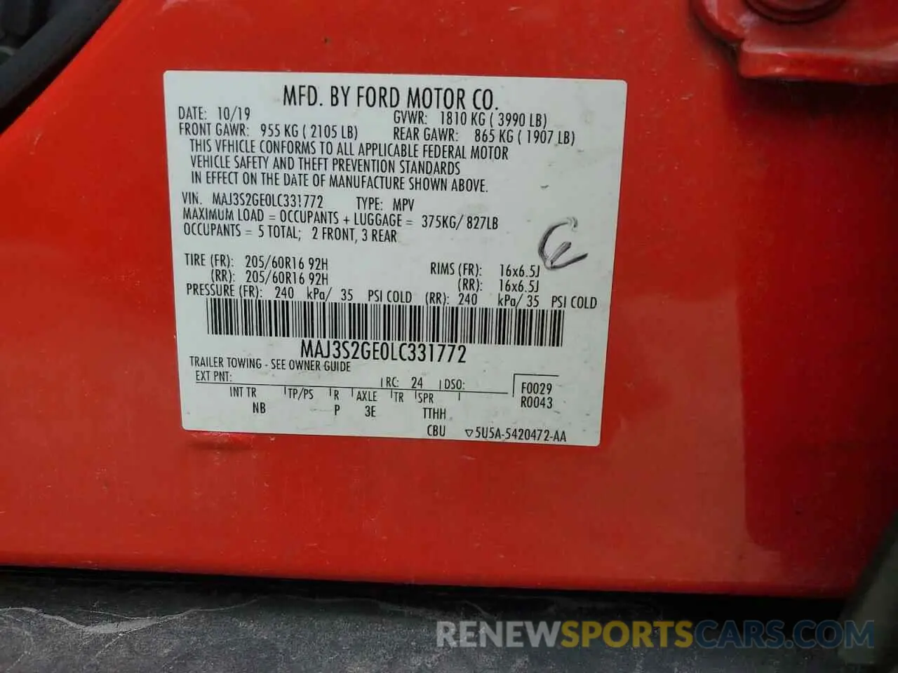 13 Photograph of a damaged car MAJ3S2GE0LC331772 FORD ECOSPORT 2020