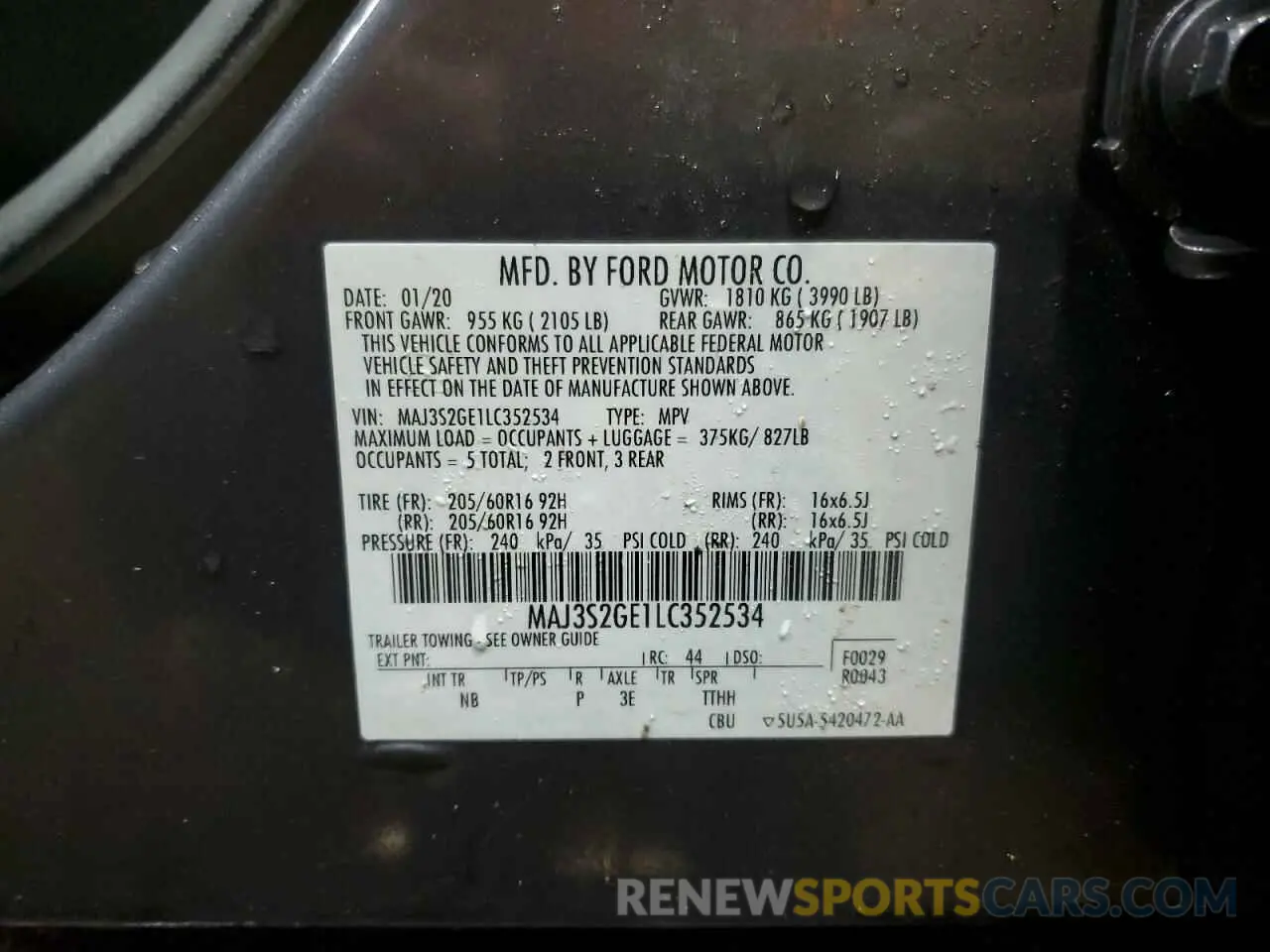 14 Фотография поврежденного автомобиля MAJ3S2GE1LC352534 FORD ECOSPORT 2020