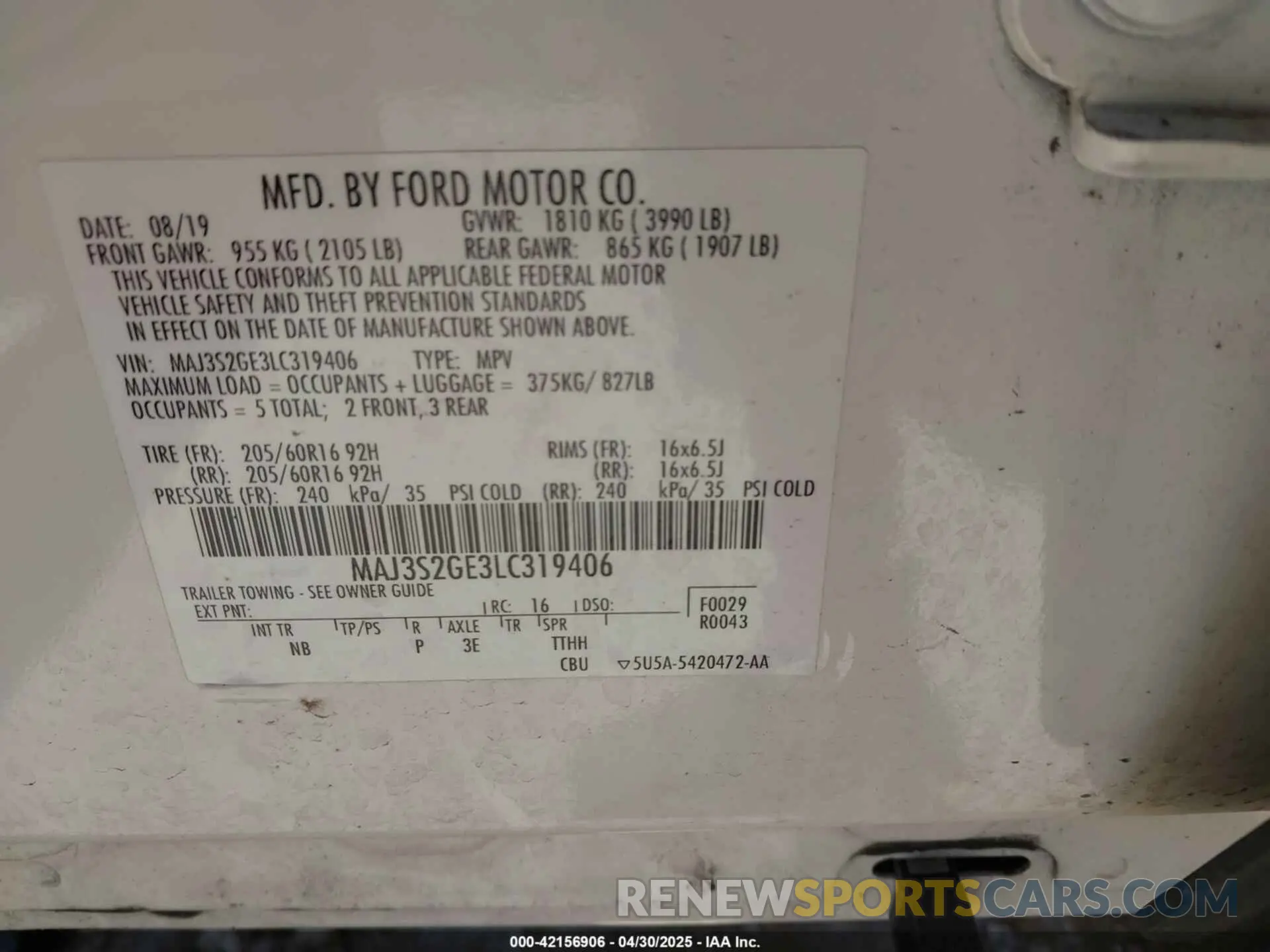 9 Фотография поврежденного автомобиля MAJ3S2GE3LC319406 FORD ECOSPORT 2020