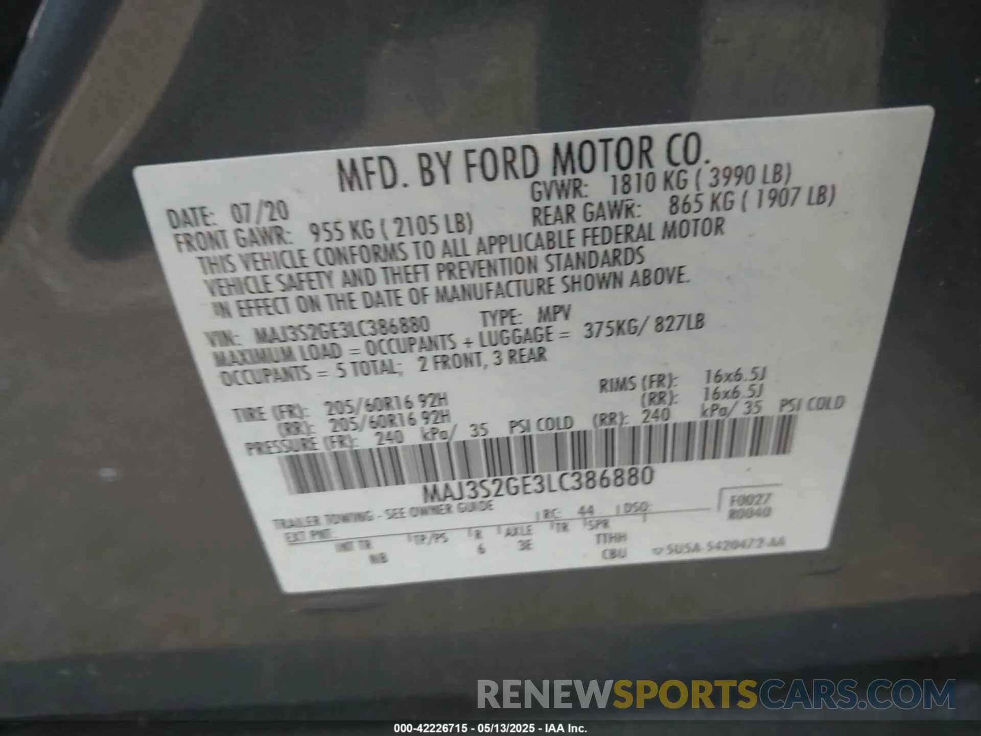 9 Фотография поврежденного автомобиля MAJ3S2GE3LC386880 FORD ECOSPORT 2020