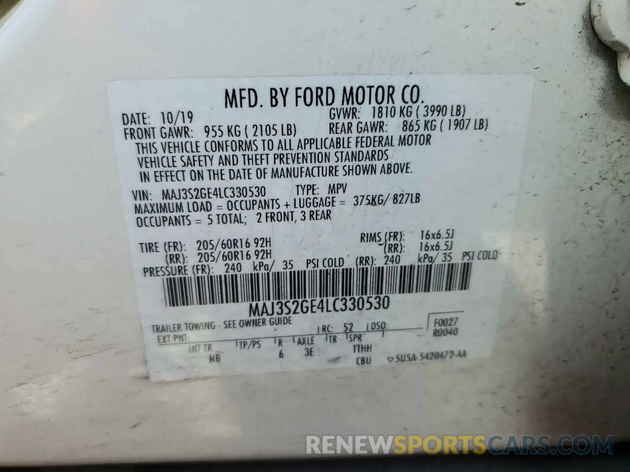 12 Photograph of a damaged car MAJ3S2GE4LC330530 FORD ECOSPORT 2020