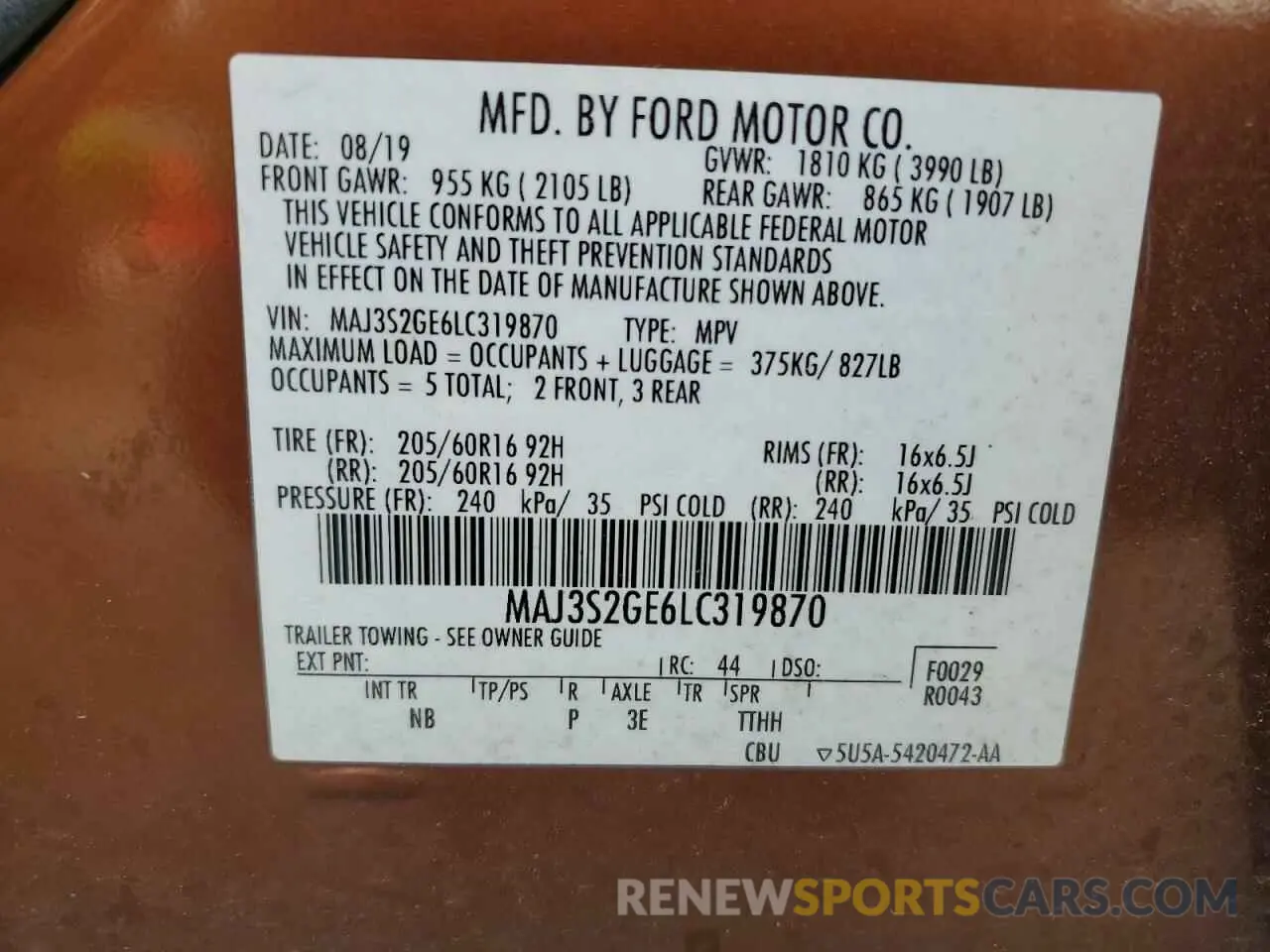 13 Photograph of a damaged car MAJ3S2GE6LC319870 FORD ECOSPORT 2020