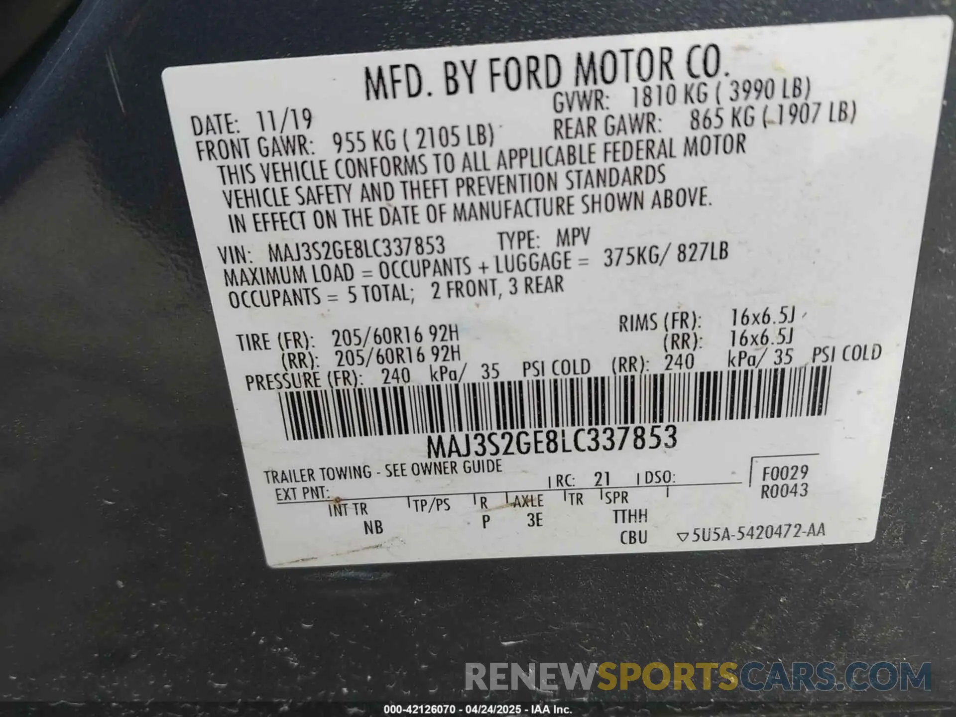 9 Фотография поврежденного автомобиля MAJ3S2GE8LC337853 FORD ECOSPORT 2020