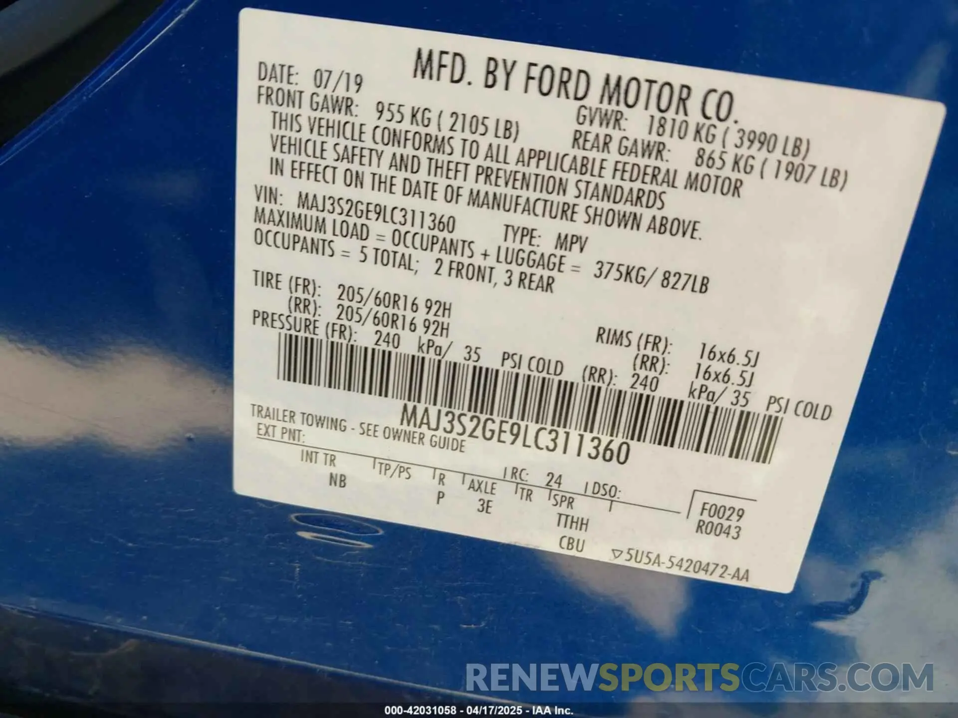 9 Фотография поврежденного автомобиля MAJ3S2GE9LC311360 FORD ECOSPORT 2020