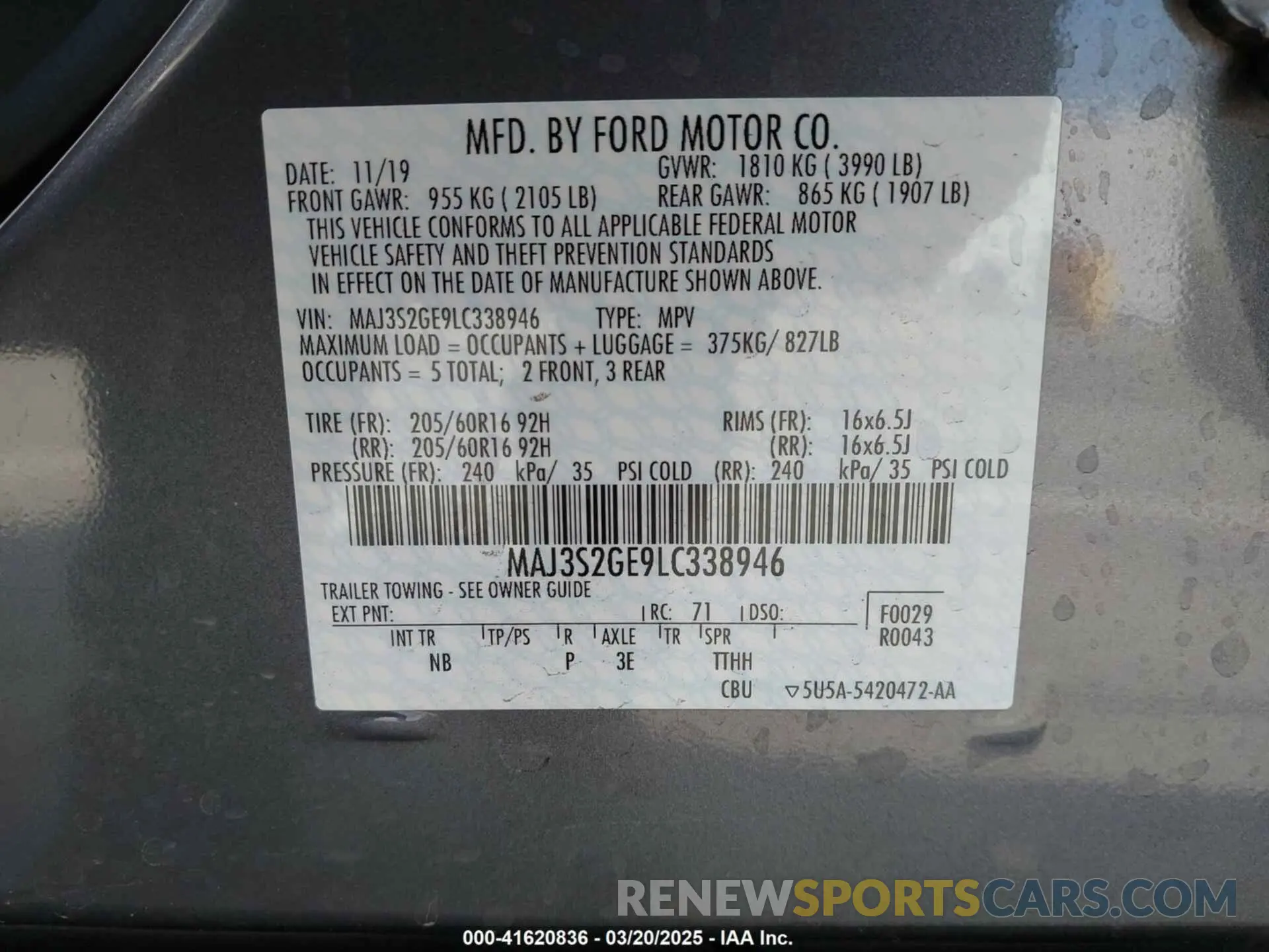 9 Фотография поврежденного автомобиля MAJ3S2GE9LC338946 FORD ECOSPORT 2020