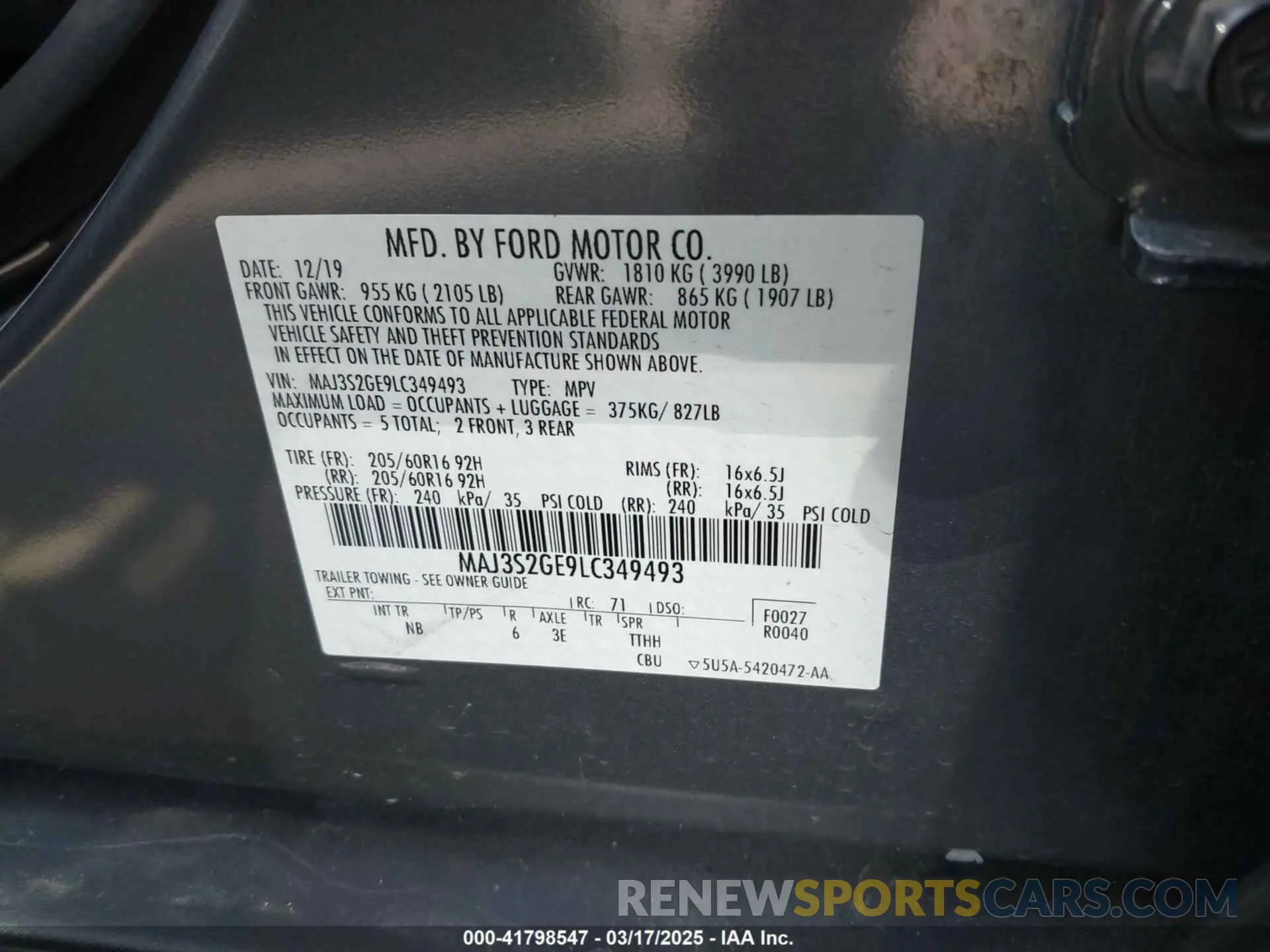 9 Фотография поврежденного автомобиля MAJ3S2GE9LC349493 FORD ECOSPORT 2020