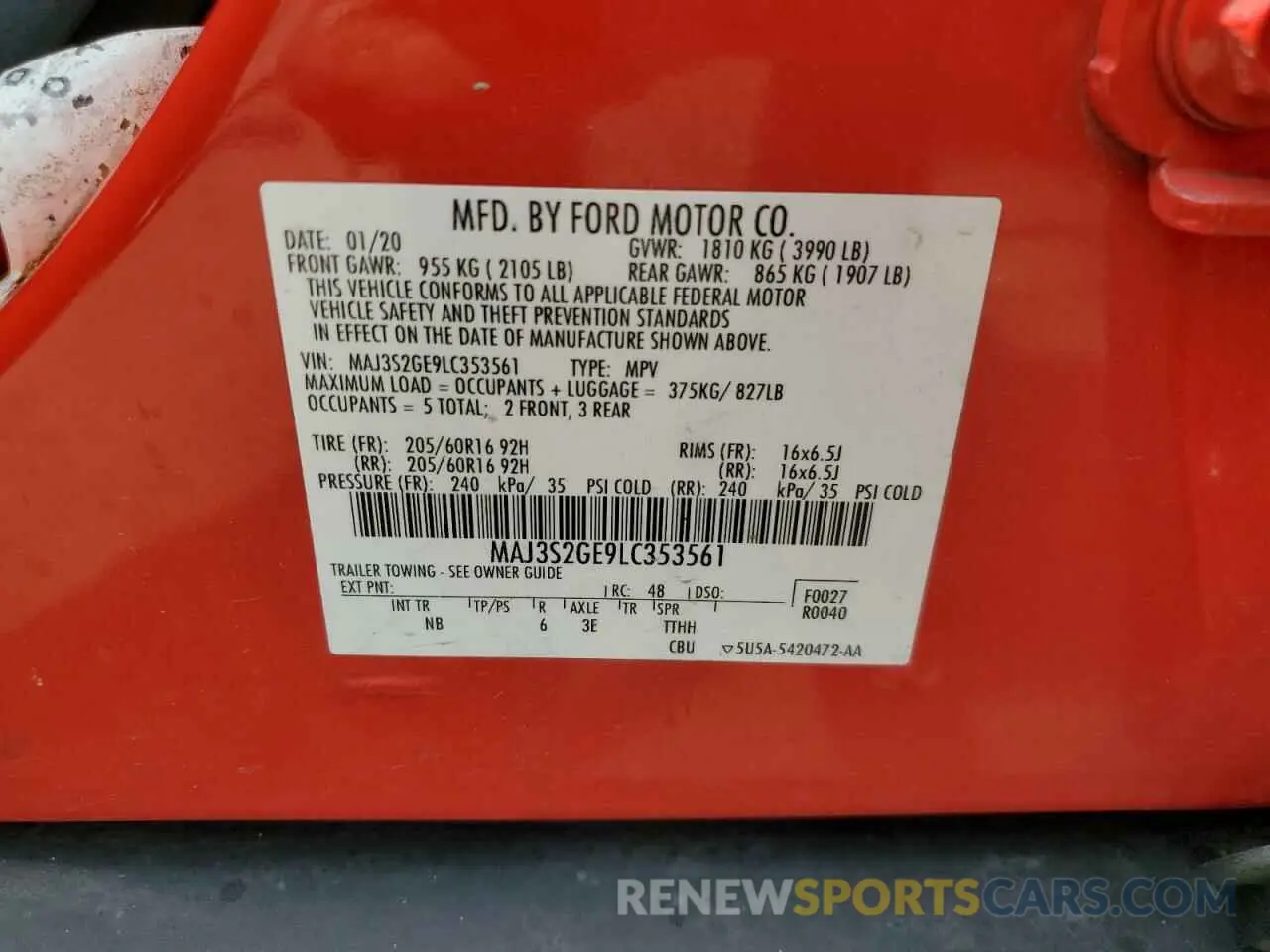 14 Photograph of a damaged car MAJ3S2GE9LC353561 FORD ECOSPORT 2020