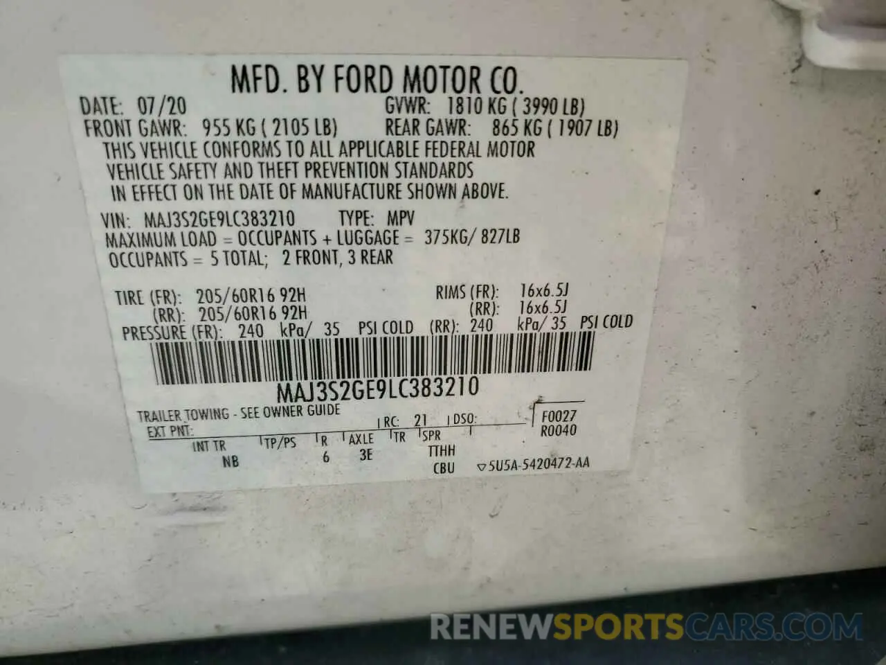 12 Photograph of a damaged car MAJ3S2GE9LC383210 FORD ECOSPORT 2020