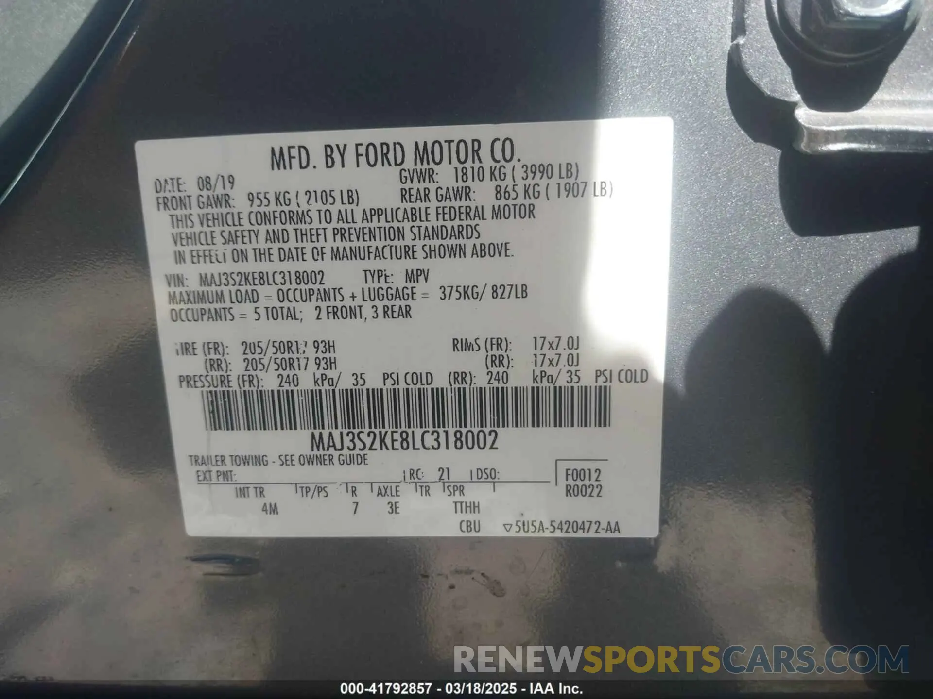 8 Photograph of a damaged car MAJ3S2KE8LC318002 FORD ECOSPORT 2020