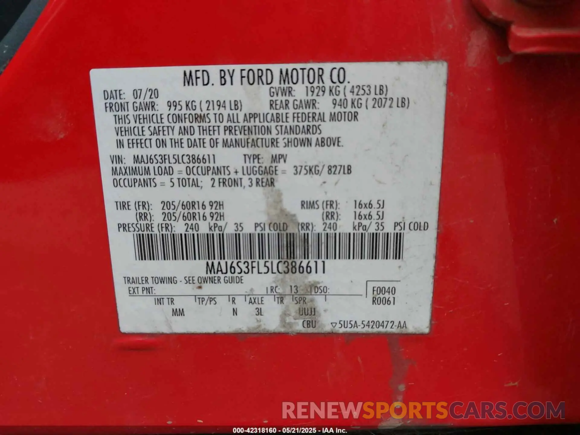 9 Photograph of a damaged car MAJ6S3FL5LC386611 FORD ECOSPORT 2020