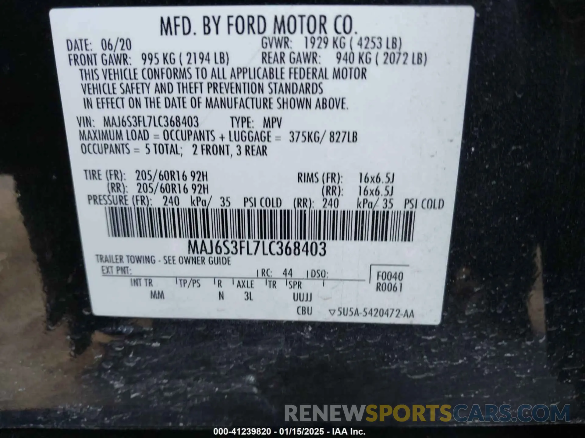 9 Фотография поврежденного автомобиля MAJ6S3FL7LC368403 FORD ECOSPORT 2020