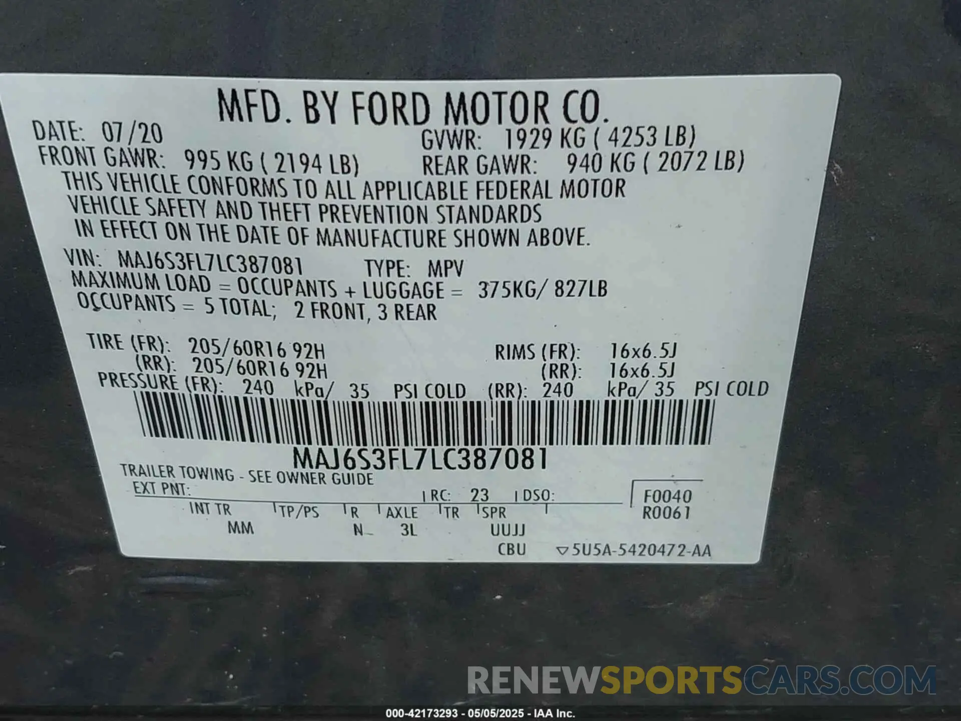 9 Photograph of a damaged car MAJ6S3FL7LC387081 FORD ECOSPORT 2020