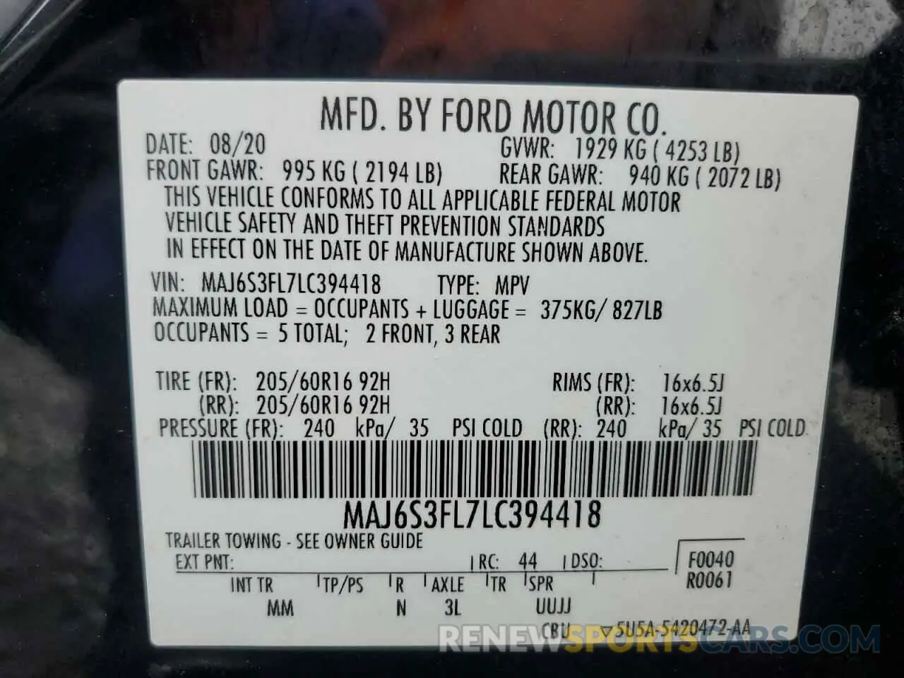 14 Photograph of a damaged car MAJ6S3FL7LC394418 FORD ECOSPORT 2020