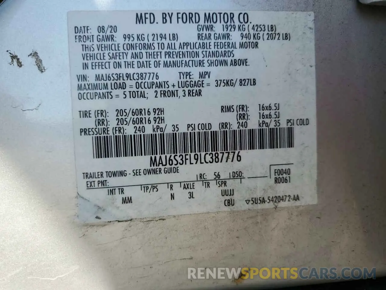 13 Photograph of a damaged car MAJ6S3FL9LC387776 FORD ECOSPORT 2020