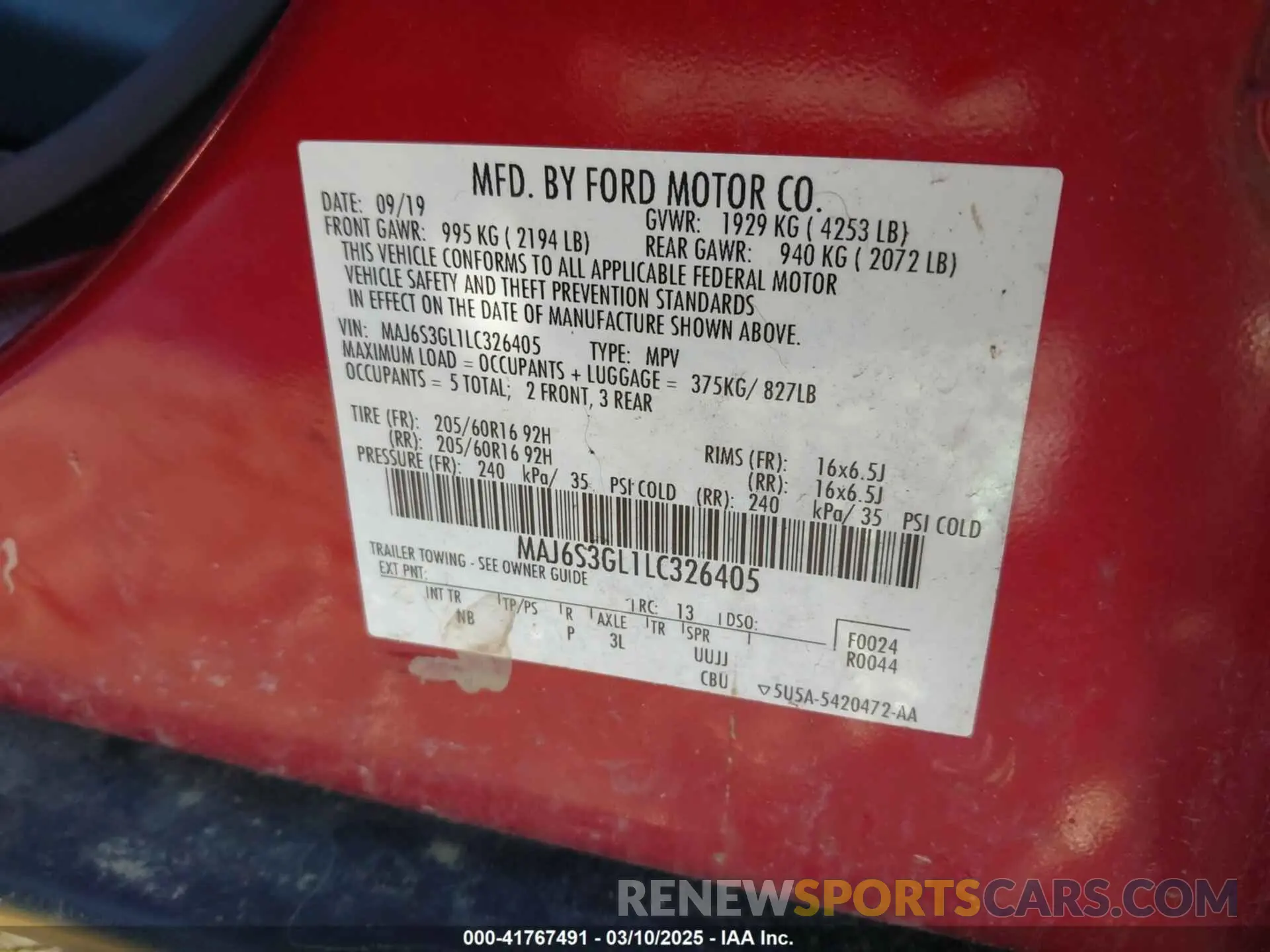 9 Фотография поврежденного автомобиля MAJ6S3GL1LC326405 FORD ECOSPORT 2020