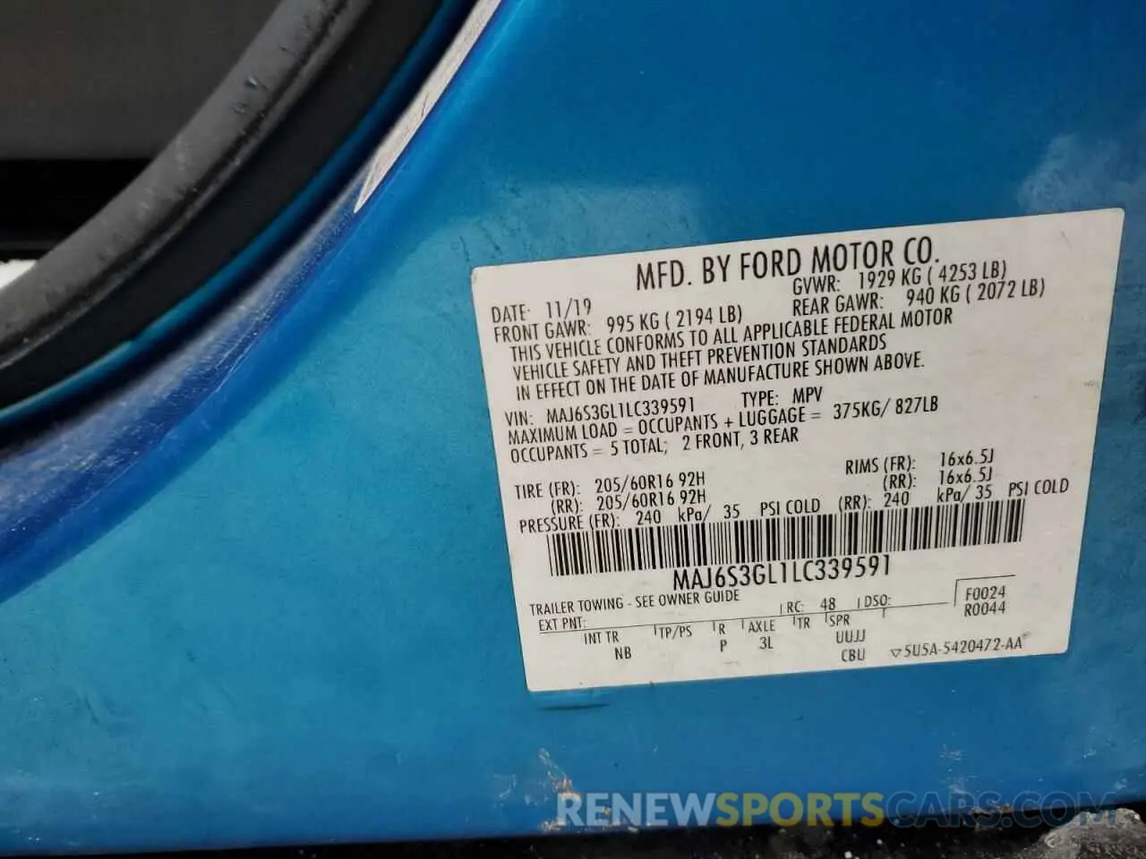 13 Photograph of a damaged car MAJ6S3GL1LC339591 FORD ECOSPORT 2020