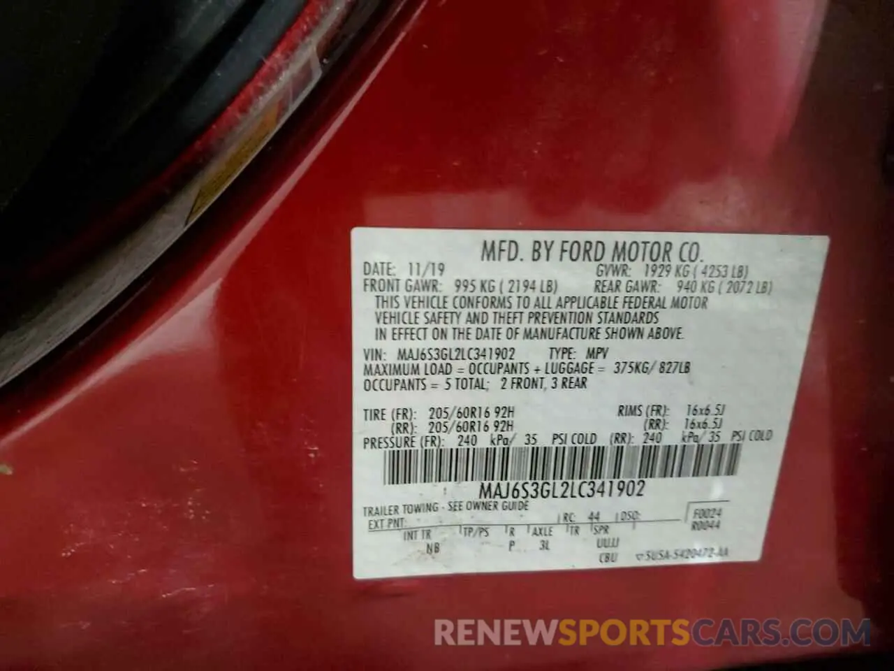 13 Photograph of a damaged car MAJ6S3GL2LC341902 FORD ECOSPORT 2020