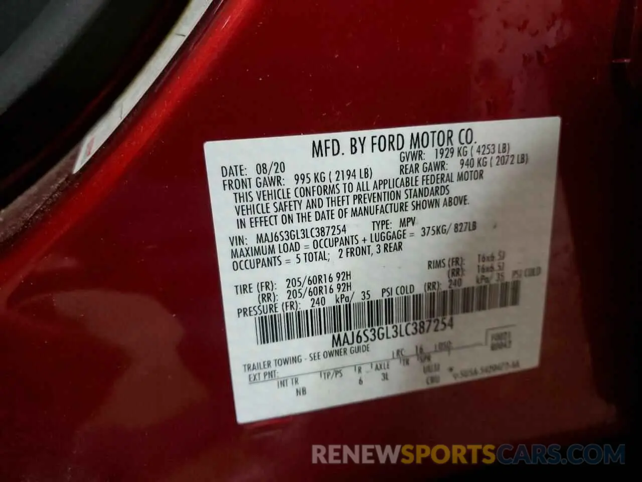 13 Photograph of a damaged car MAJ6S3GL3LC387254 FORD ECOSPORT 2020