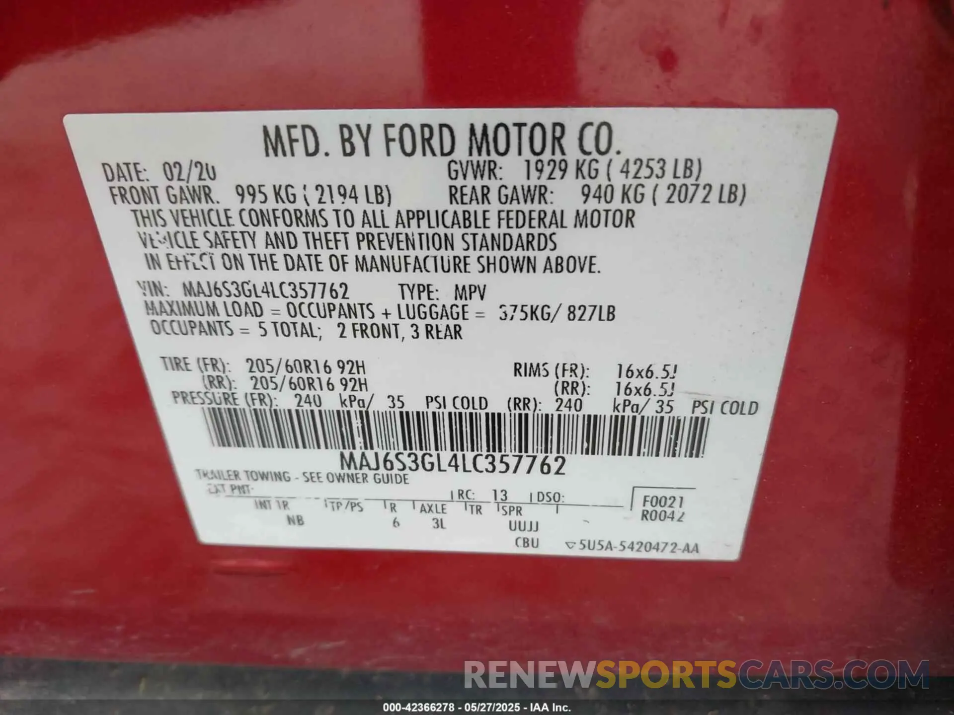 9 Photograph of a damaged car MAJ6S3GL4LC357762 FORD ECOSPORT 2020
