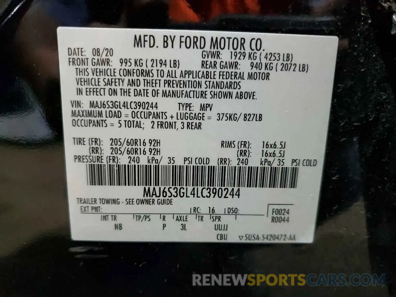15 Photograph of a damaged car MAJ6S3GL4LC390244 FORD ECOSPORT 2020