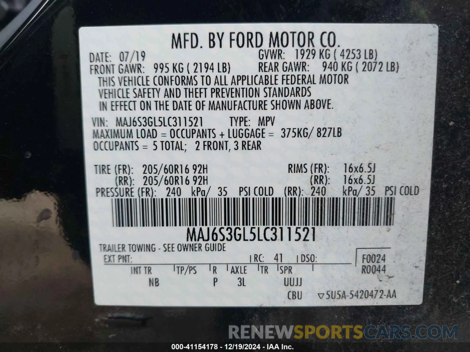 9 Фотография поврежденного автомобиля MAJ6S3GL5LC311521 FORD ECOSPORT 2020