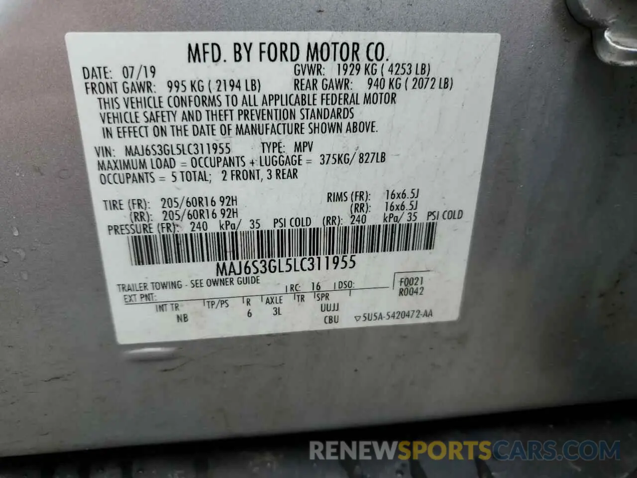 12 Photograph of a damaged car MAJ6S3GL5LC311955 FORD ECOSPORT 2020