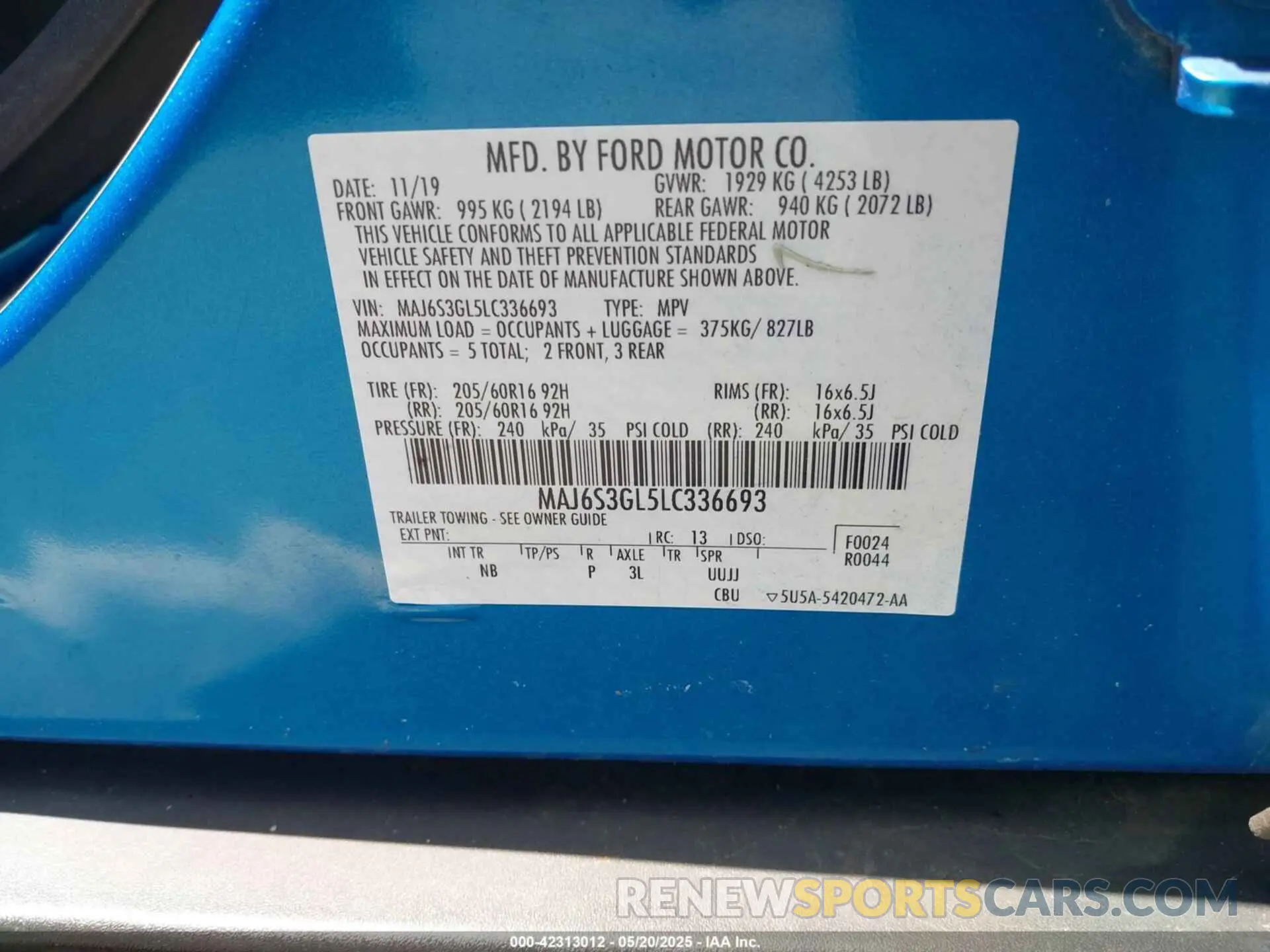 9 Фотография поврежденного автомобиля MAJ6S3GL5LC336693 FORD ECOSPORT 2020