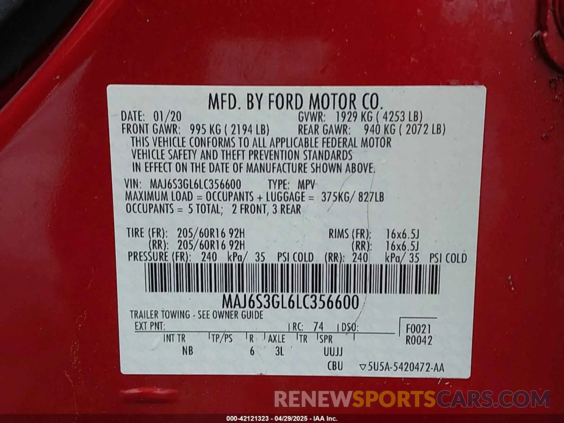 9 Photograph of a damaged car MAJ6S3GL6LC356600 FORD ECOSPORT 2020