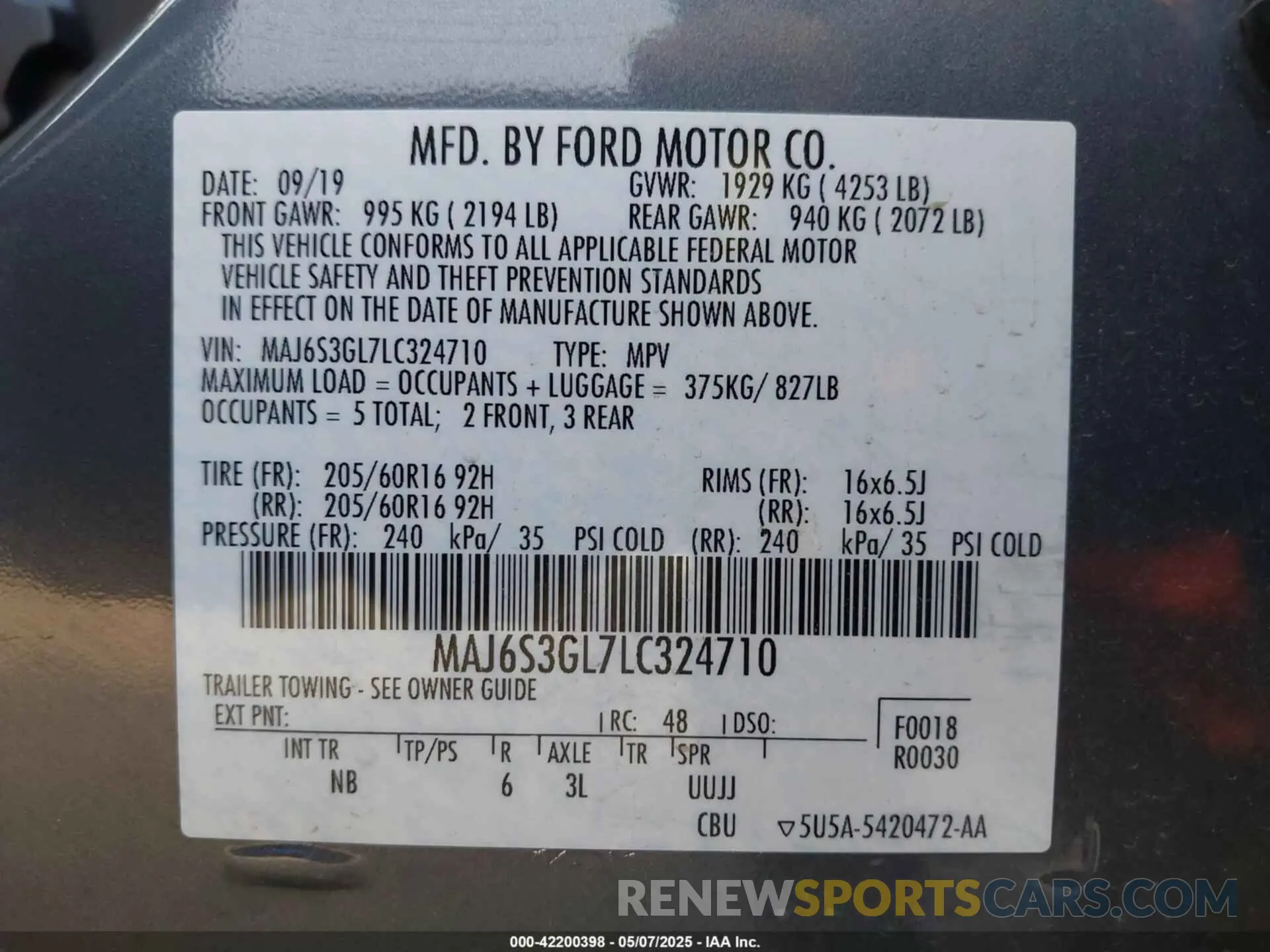 9 Photograph of a damaged car MAJ6S3GL7LC324710 FORD ECOSPORT 2020