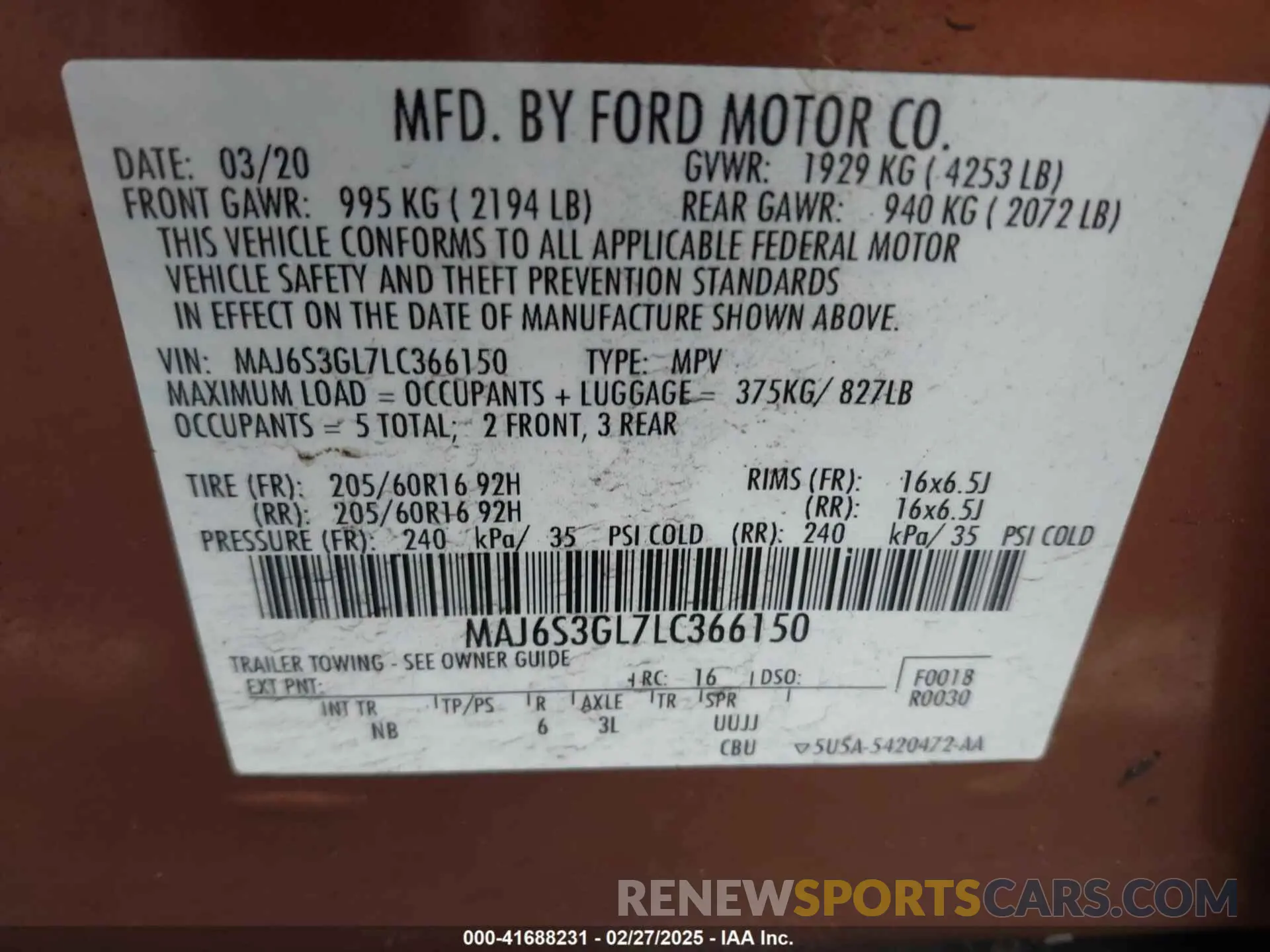 9 Фотография поврежденного автомобиля MAJ6S3GL7LC366150 FORD ECOSPORT 2020