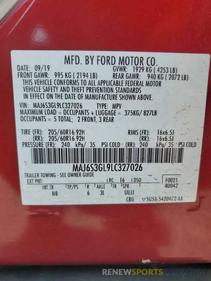 13 Photograph of a damaged car MAJ6S3GL9LC327026 FORD ECOSPORT 2020