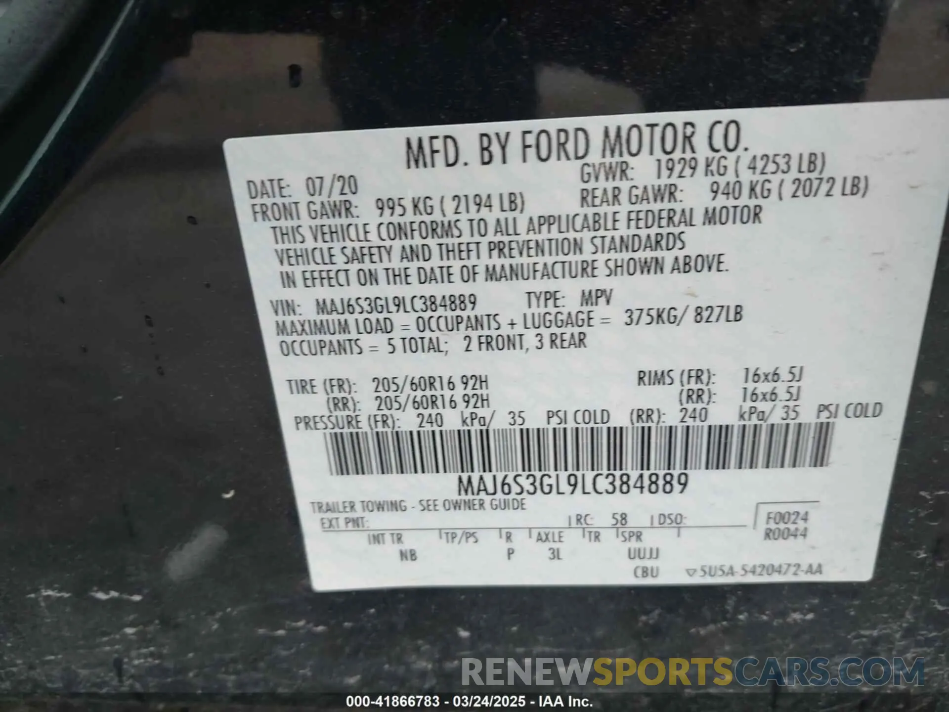 9 Photograph of a damaged car MAJ6S3GL9LC384889 FORD ECOSPORT 2020