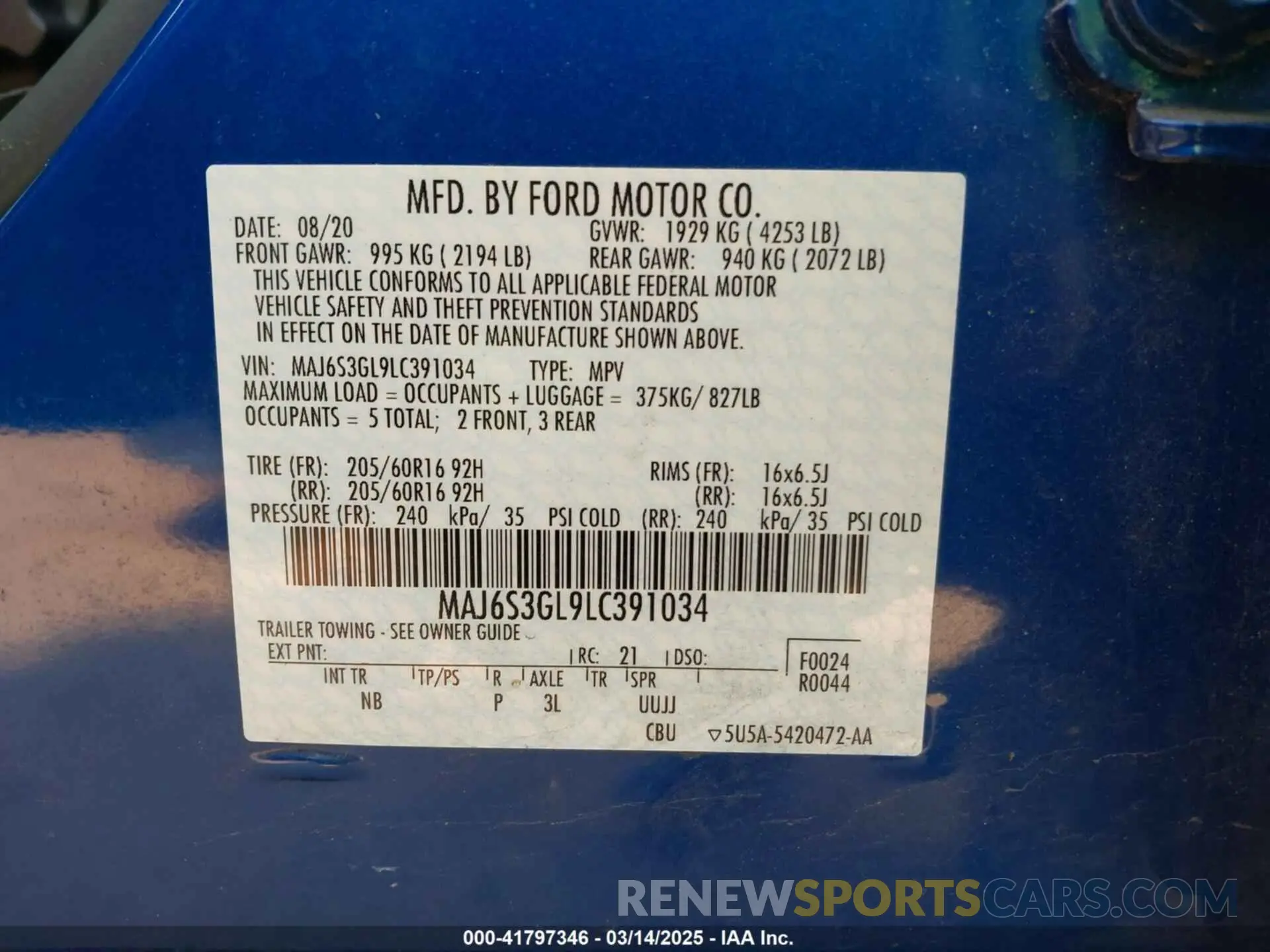 9 Фотография поврежденного автомобиля MAJ6S3GL9LC391034 FORD ECOSPORT 2020