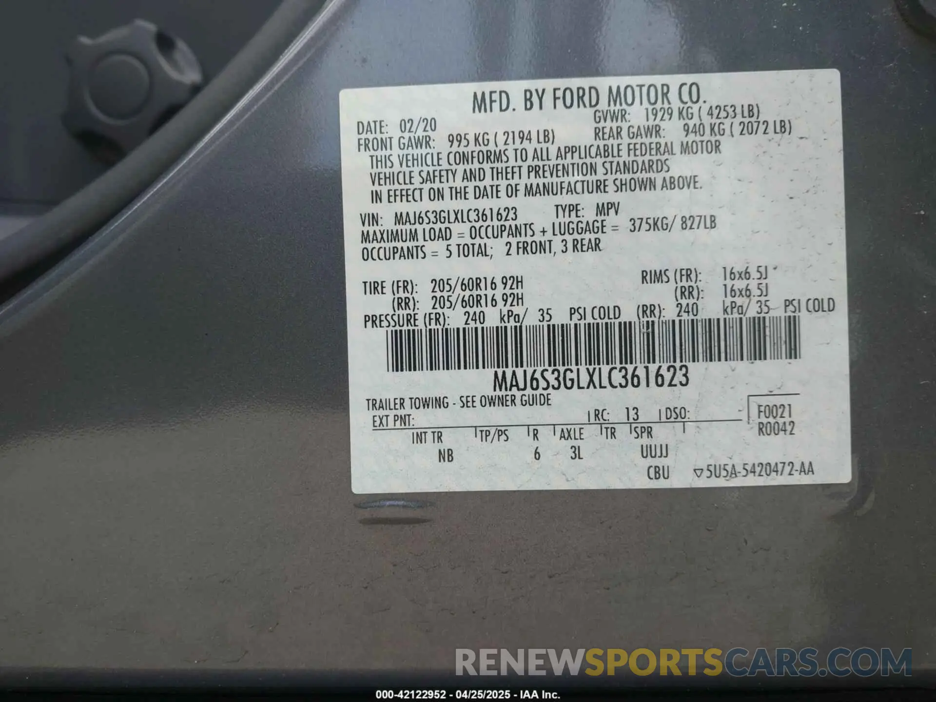 9 Photograph of a damaged car MAJ6S3GLXLC361623 FORD ECOSPORT 2020