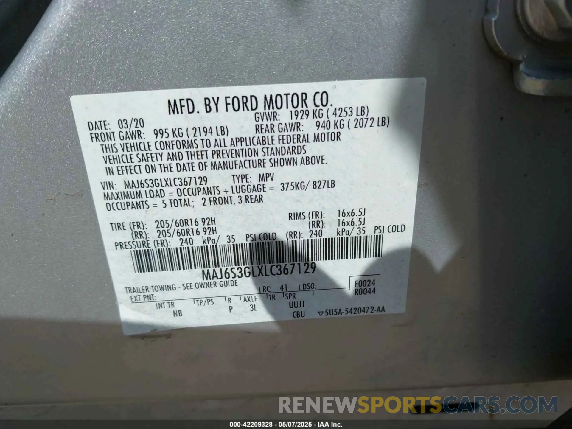 9 Photograph of a damaged car MAJ6S3GLXLC367129 FORD ECOSPORT 2020