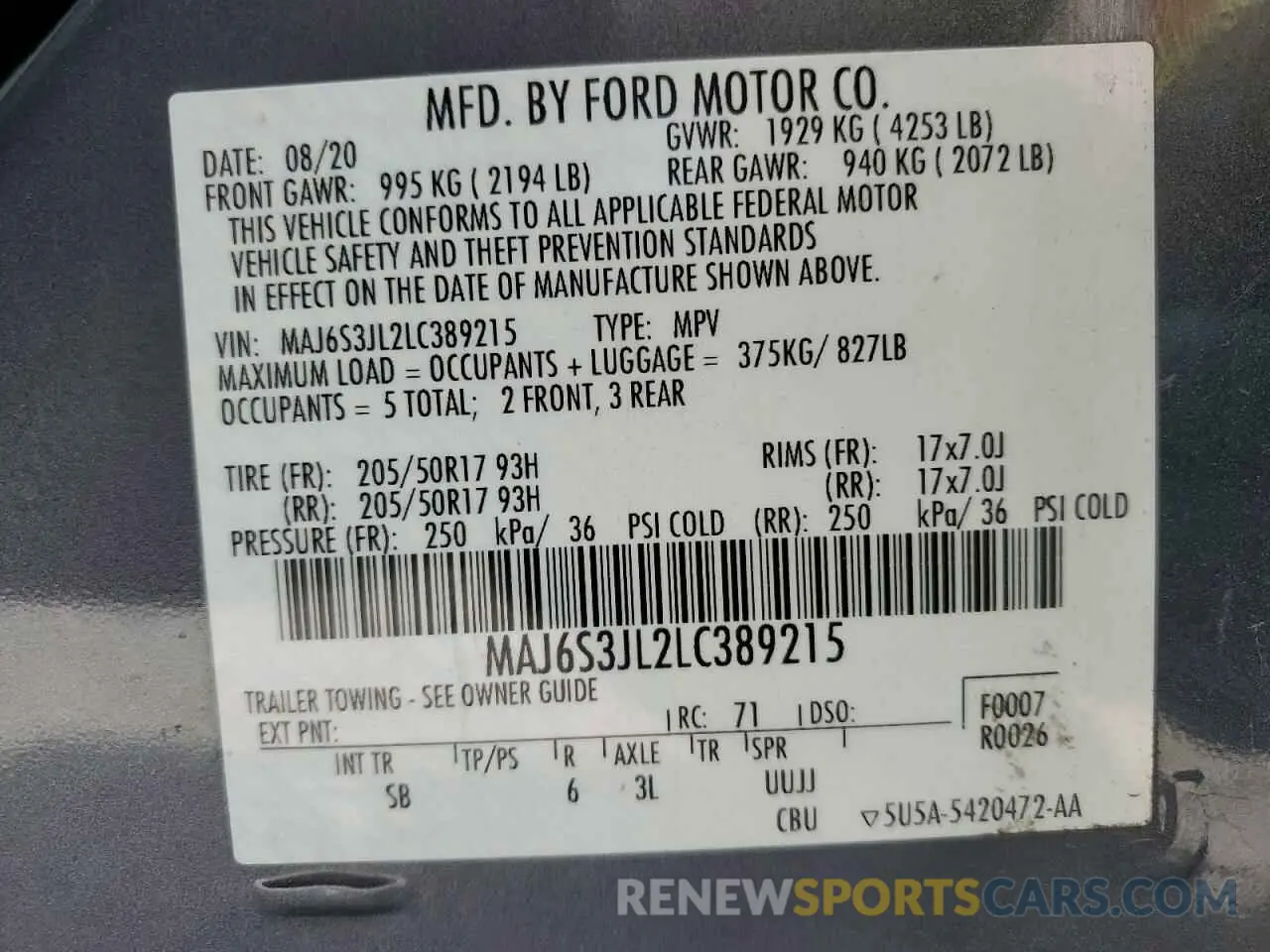 14 Фотография поврежденного автомобиля MAJ6S3JL2LC389215 FORD ECOSPORT 2020