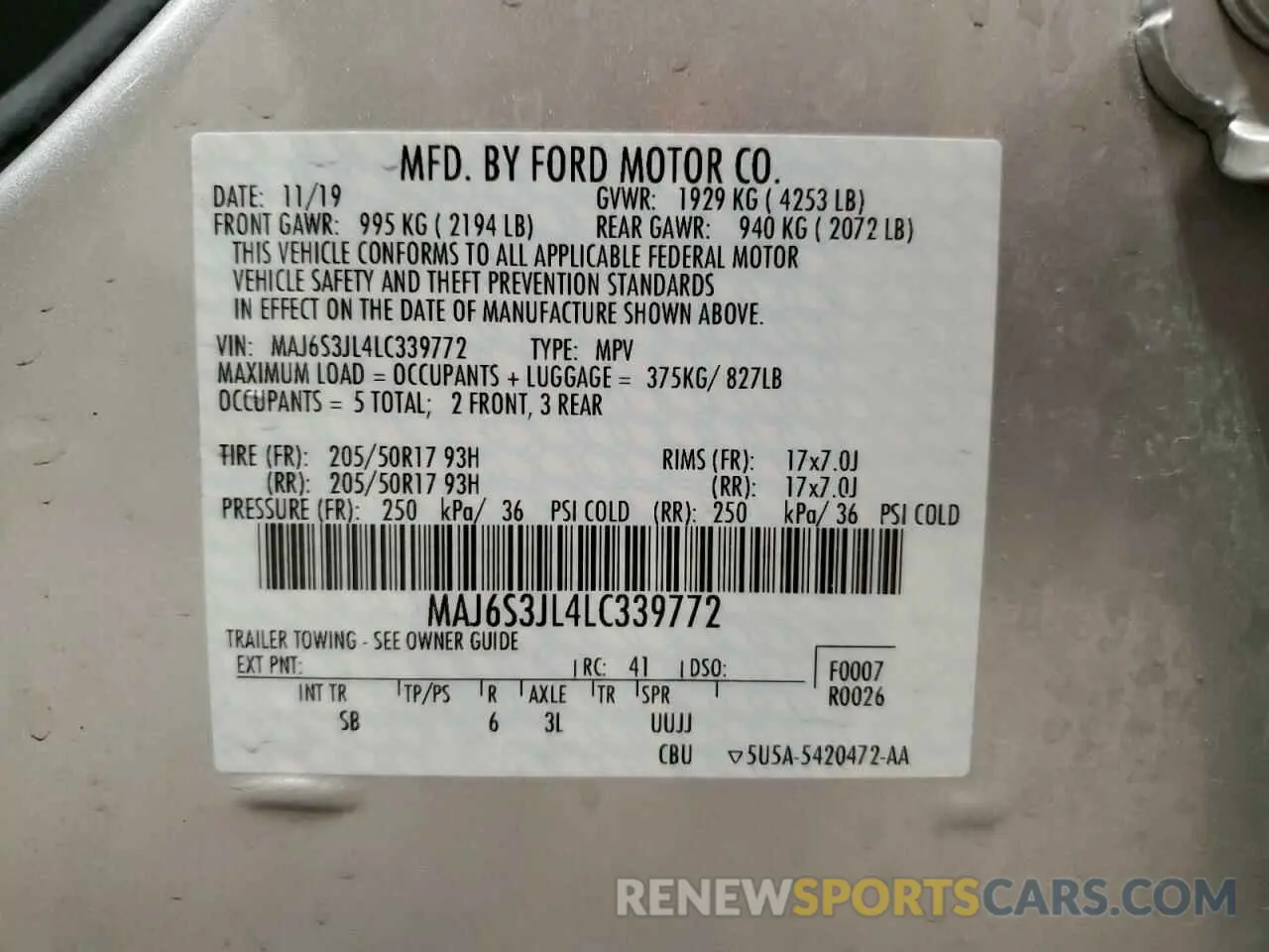 14 Photograph of a damaged car MAJ6S3JL4LC339772 FORD ECOSPORT 2020