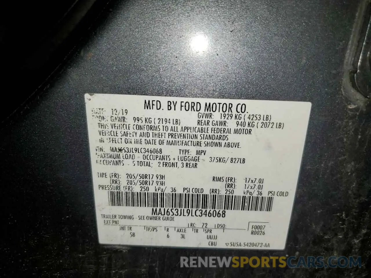 13 Photograph of a damaged car MAJ6S3JL9LC346068 FORD ECOSPORT 2020